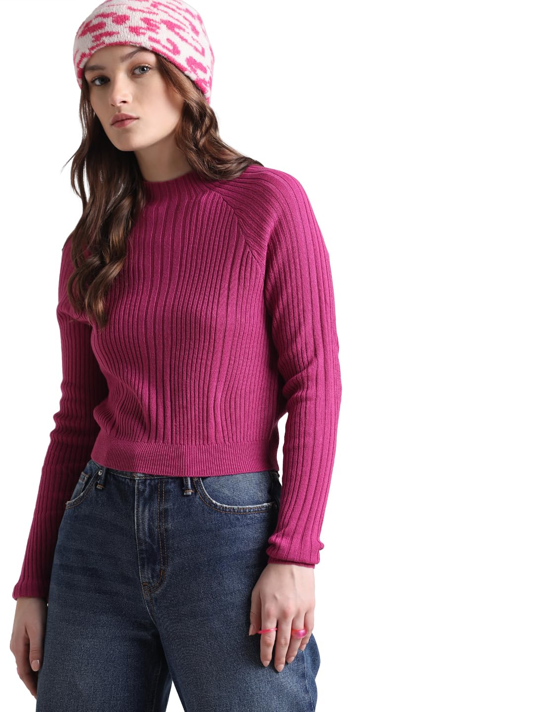 ONLY Women's Acrylic High Neck Pullover Sweater (15323379-Festival Fuchsia_Festival