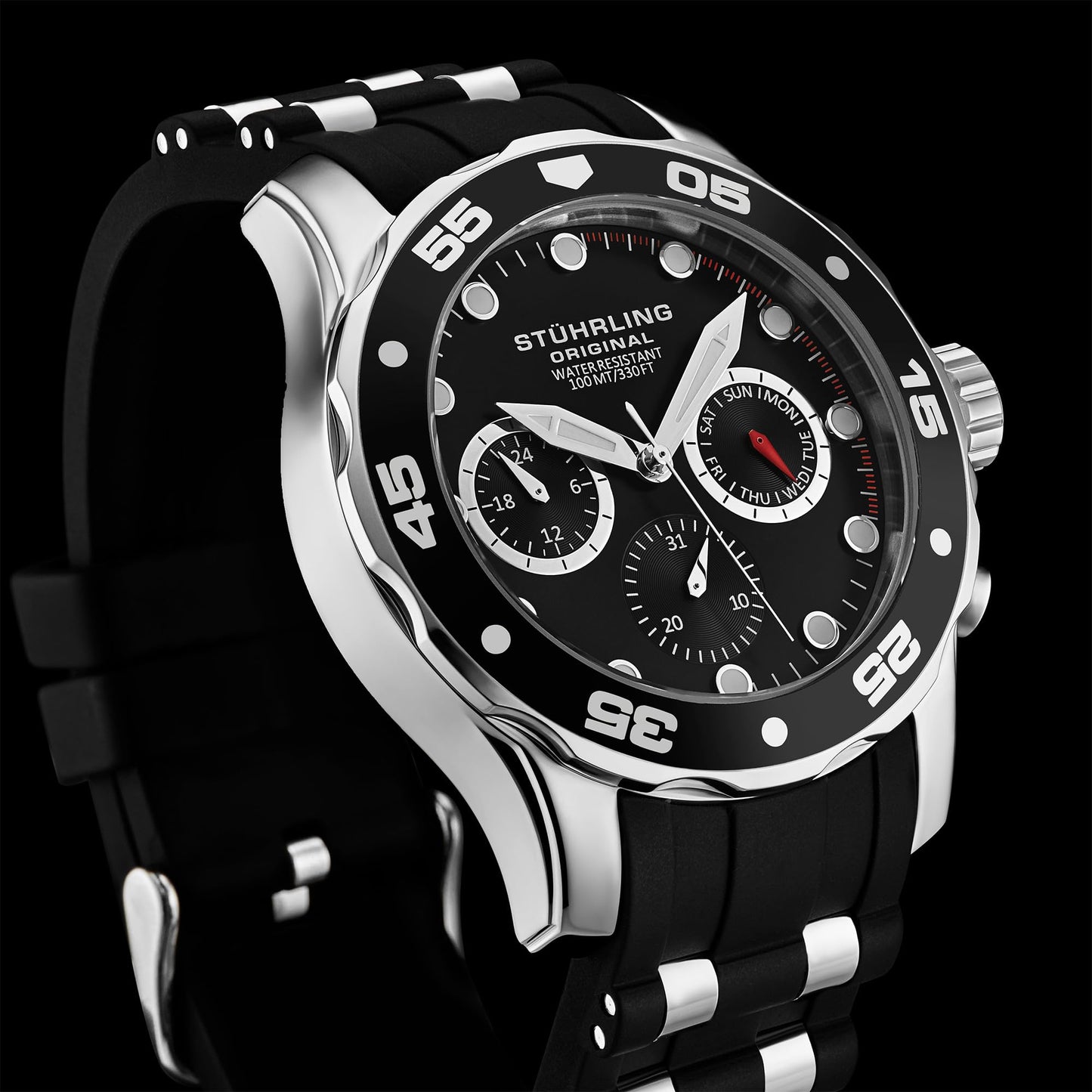 Stuhrling Men's Multi-Function Watch, 44mm Black Dial, Silver Case, Black Silicone Band