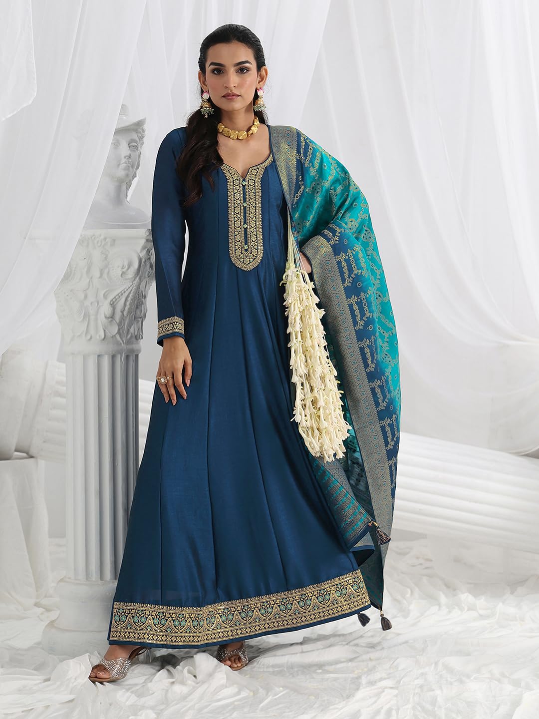 Libas Embroidered Silk Blend A-Line Ethnic Dress with Dupatta-93604L
