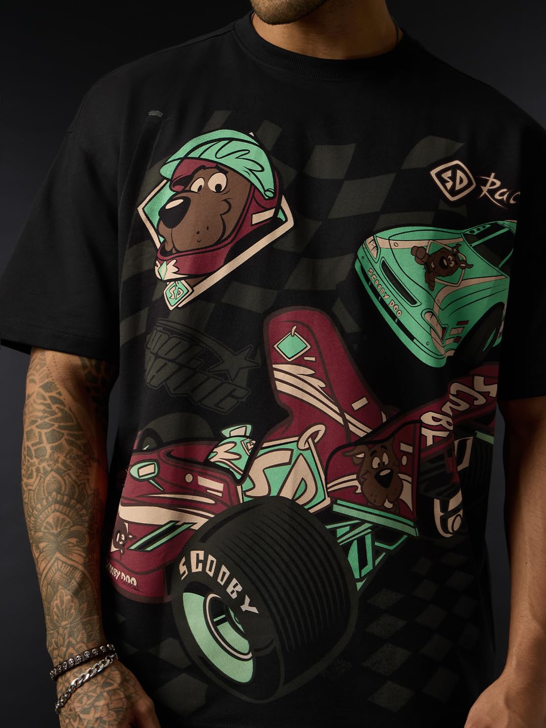 The Souled Store Scooby Doo: Racer Men and Boys Short Sleeves Round Neck Black Graphic Printed Racing Lightweight Drop Shoulder Streetwear Trendy Oversized T-Shirt