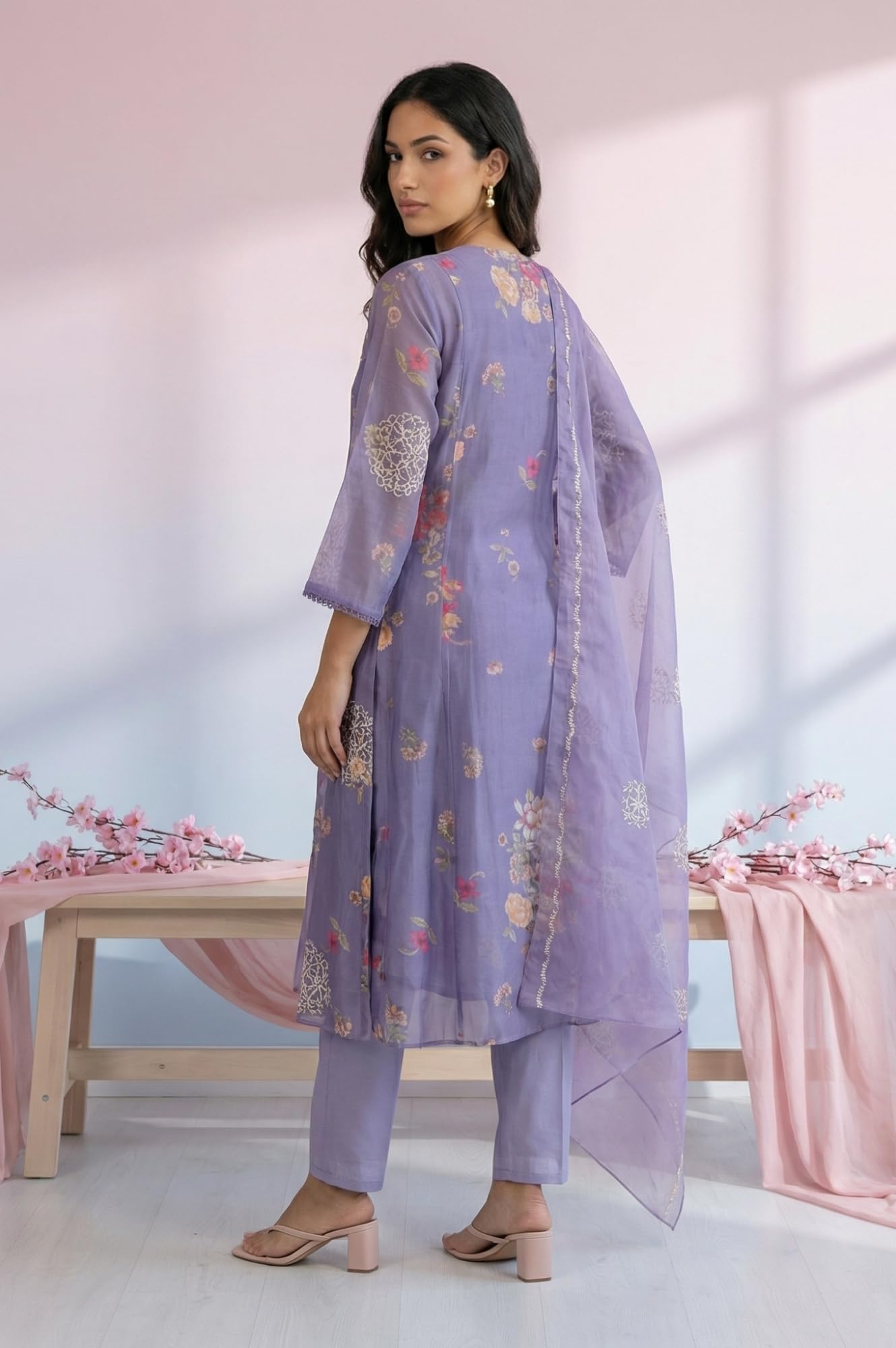 W for Woman Purple Thread Embroidered Organza Straight Kurta with Straight Pants and Dupatta Set - (WS13874-401170-3XL)