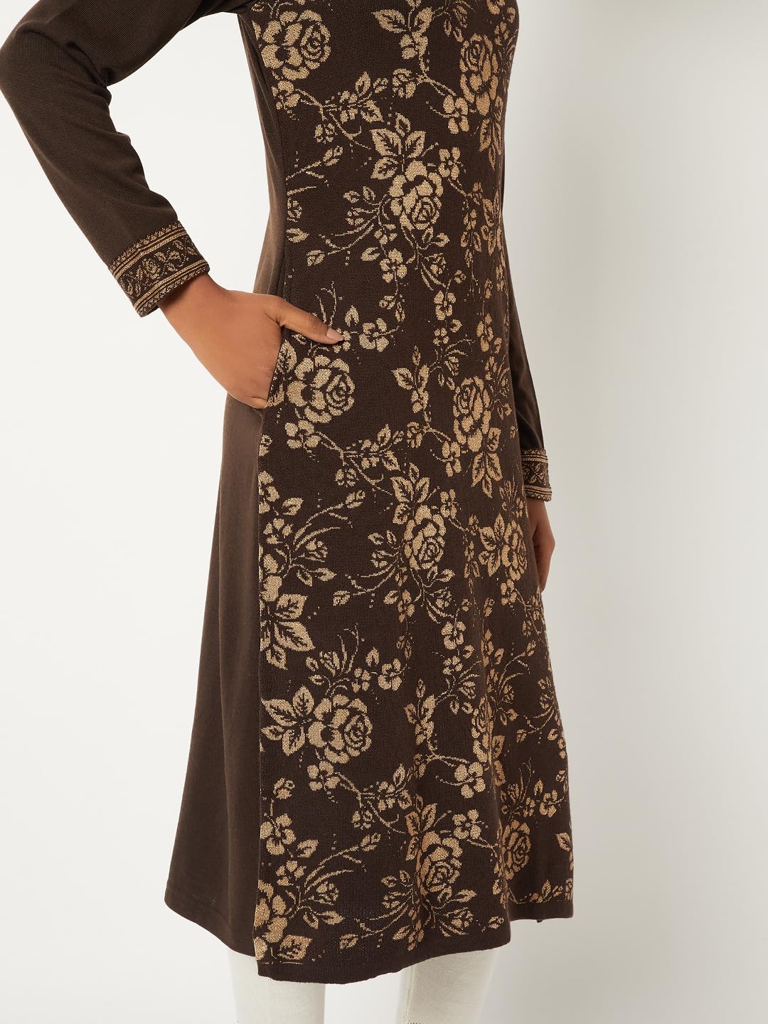 Max Women Floral Knit Straight Kurta (Brown_XXL)
