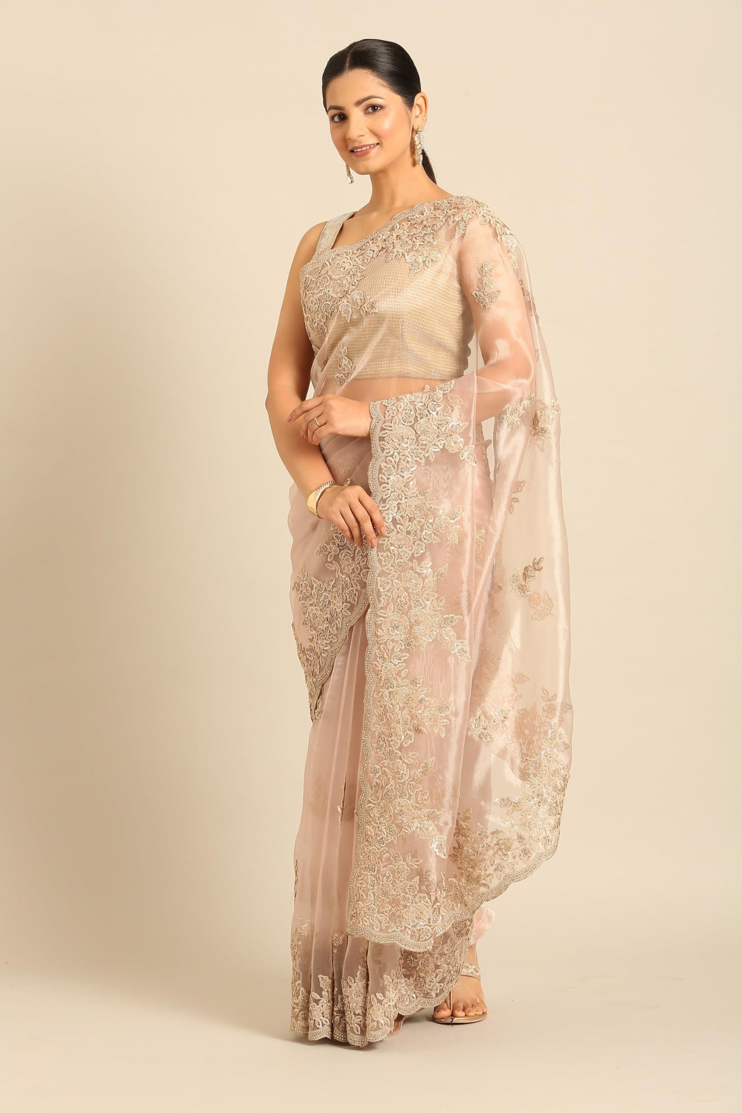 MOHEY Women's Fawn Organza Embroidered Sequins Saree