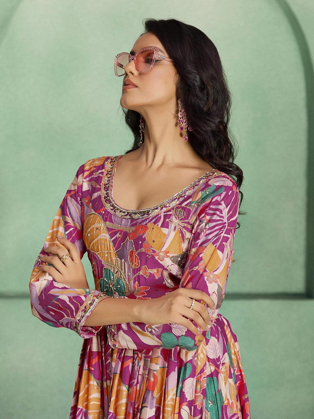 madhuram textiles Women's vetican Print with Hand Embroidery Work Anarkali Long Gown(M-2544 Pink_Medium)