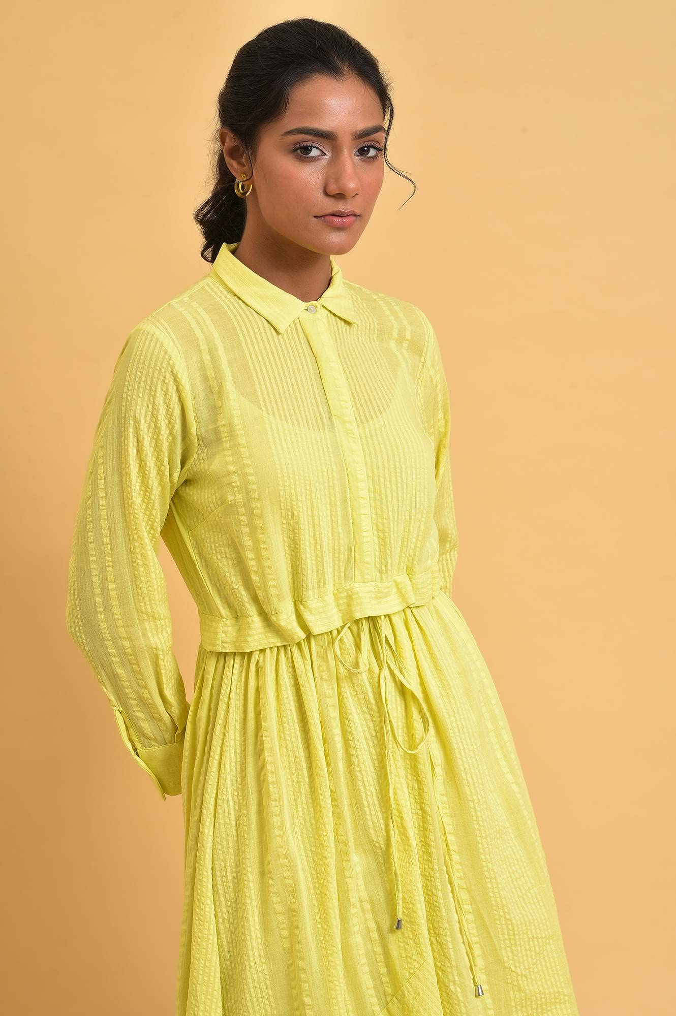 W for Woman Women's Cotton Green Gathered Shirt Collar Dress Calf Length (23FEW18705-312376_Celery 12)