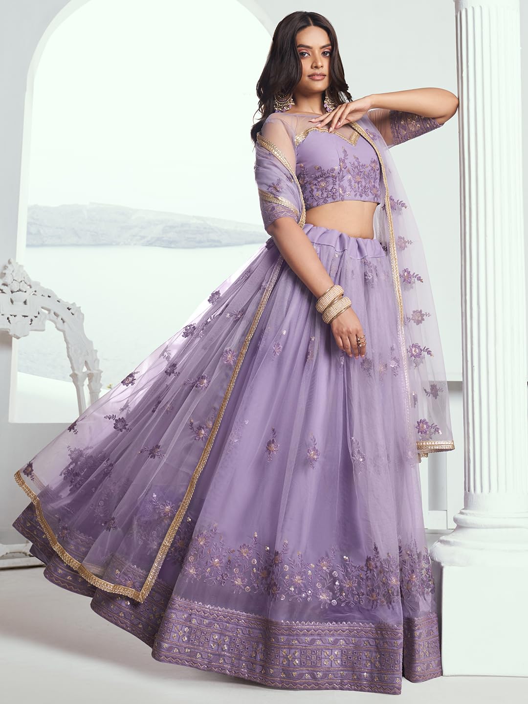 Zeel Clothing Women's Cotton Thread Sequins Work Embroidery Soft Net Readymade Lehenga Choli Set With Dupatta (Nfh-2202-Lavender-Women-Lehenga-Choli-Latest; Free Size)