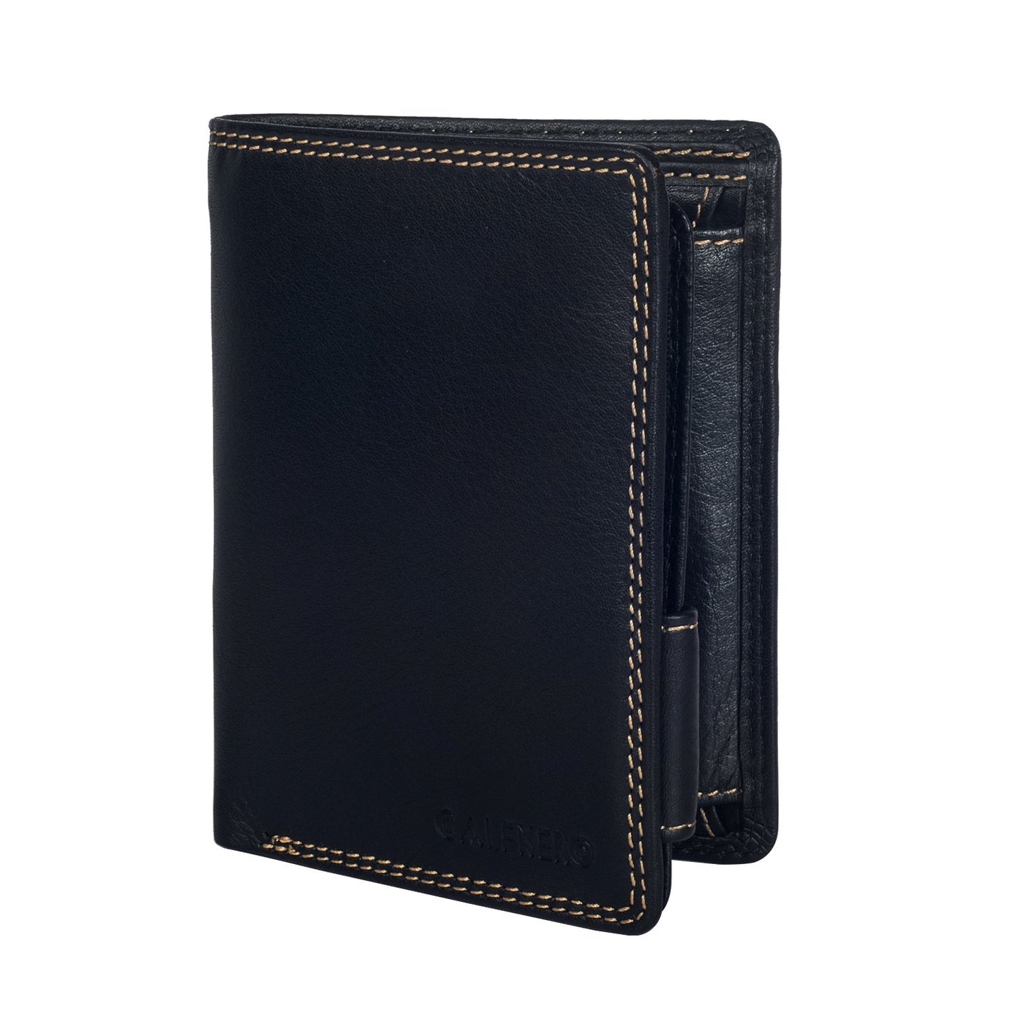 Men's Genuine Leather Bifold Wallet-Multiple Card Slots ID Window with Coin Pocket-Black Wallet by Calfnero