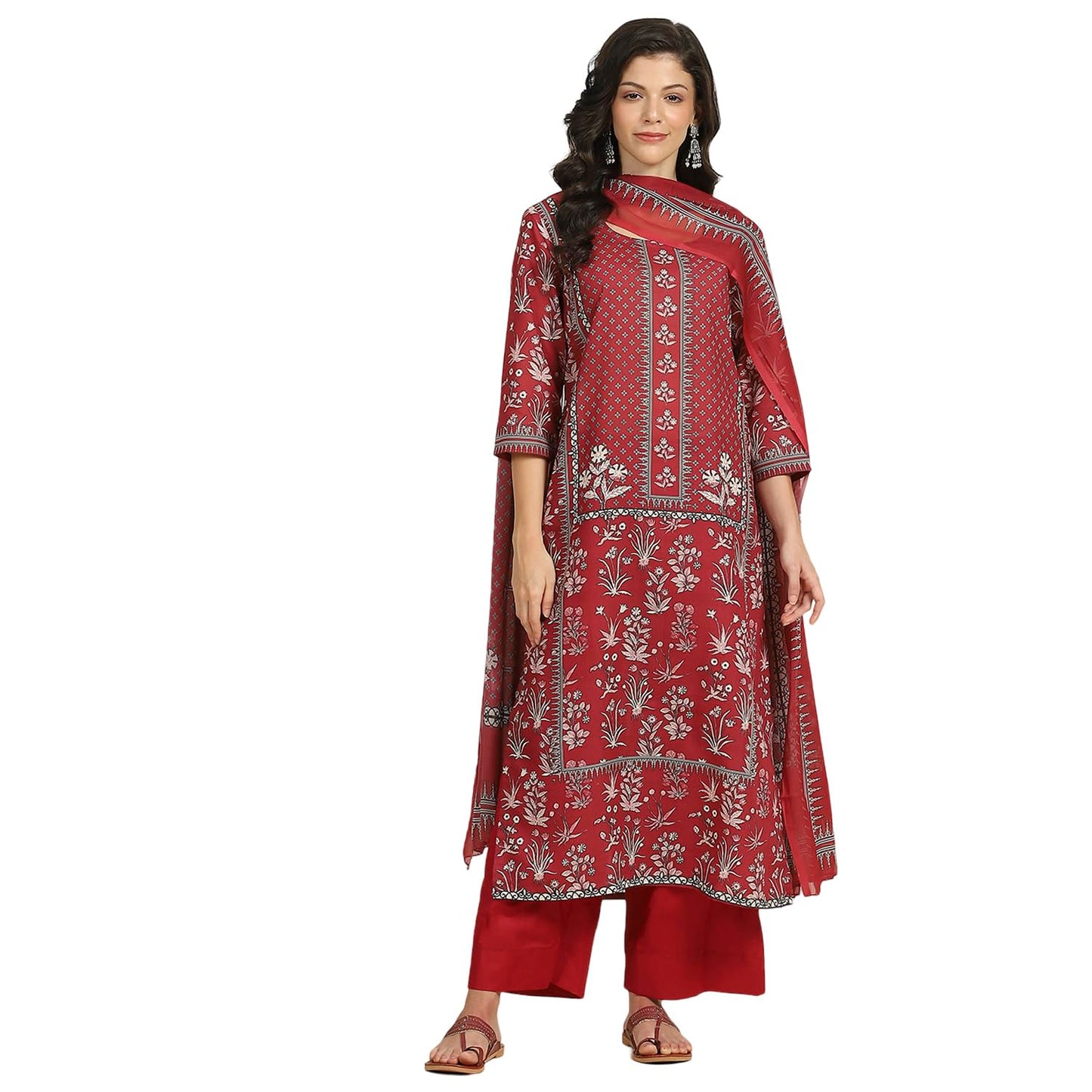 Biba Women Green-Maroon Cotton Unstitched Suit Set_Free Size