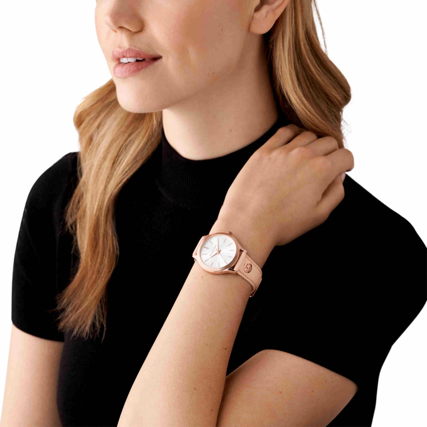 Michael Kors Leather Analog White Dial Women's Watch-Mk7467, Band Color:Rose Gold