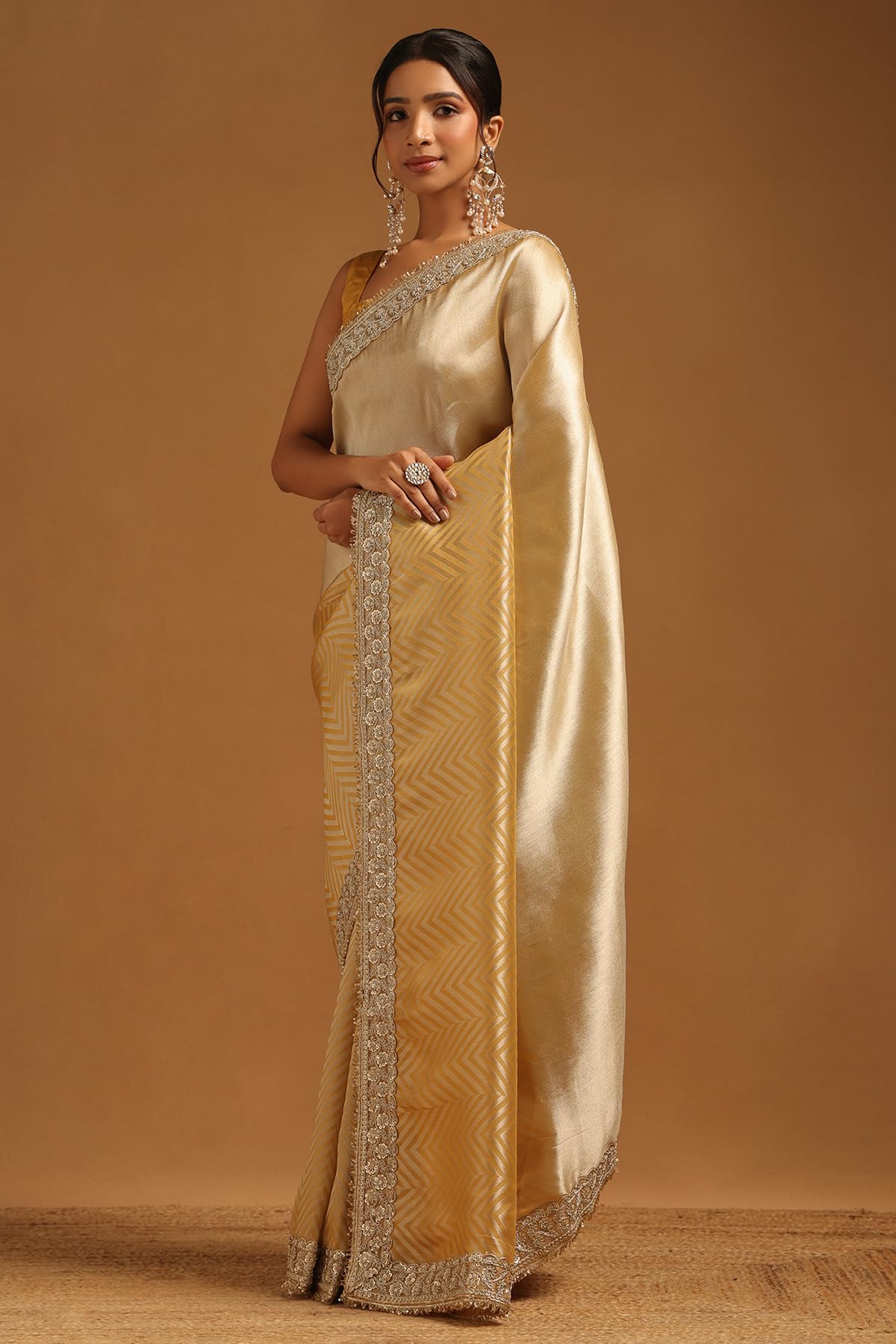 Soch Womens Gold Tissue Chevrons Zari Woven Saree With Sequins