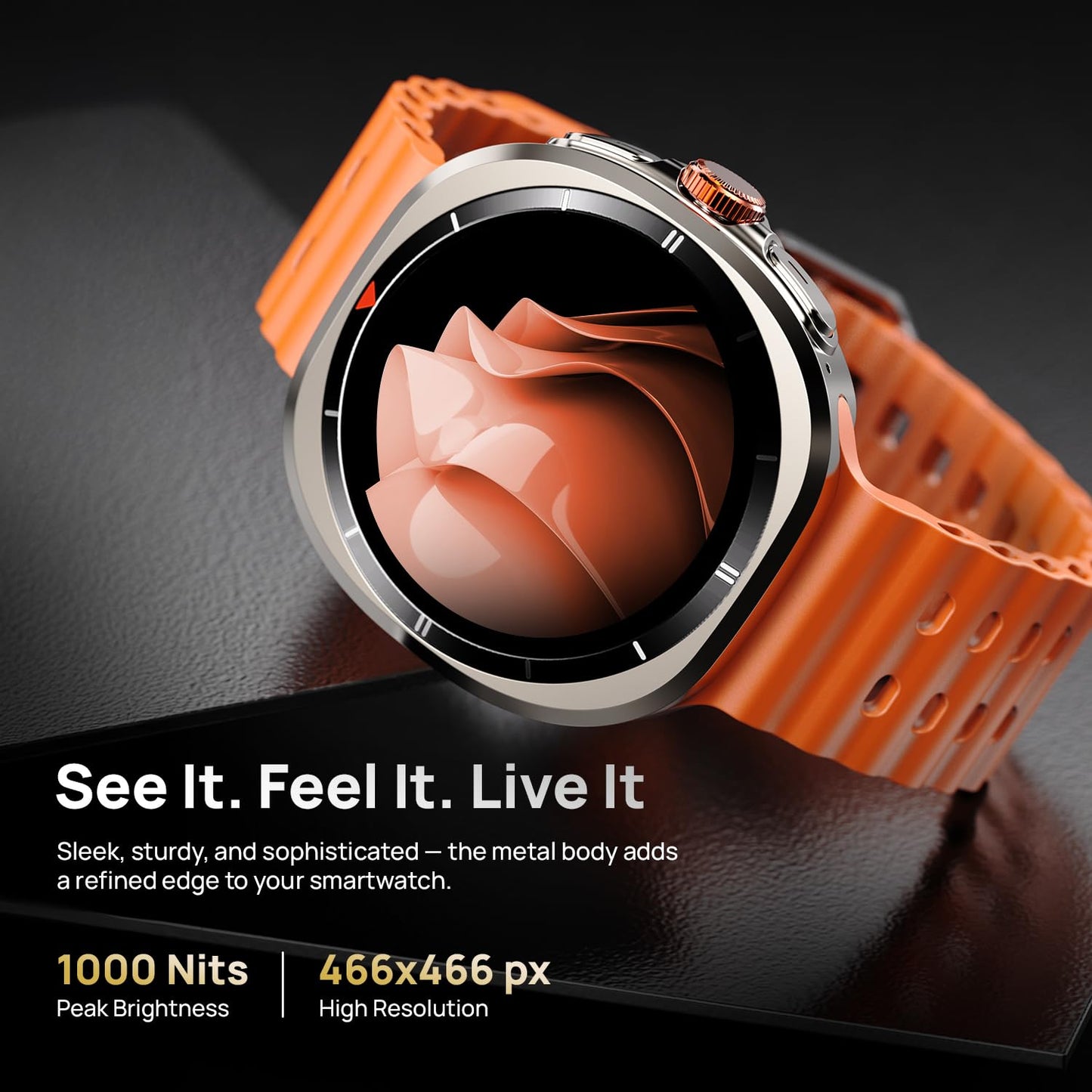 Fire-Boltt Axiom Smart Watch 1.43" Super AMOLED Display,Health & Fitness Tracking,Always-On Screen, Wireless Charging, Rotating Crown, Bluetooth Calling, Metal Case Smart Watch for Man & Woman-Orange