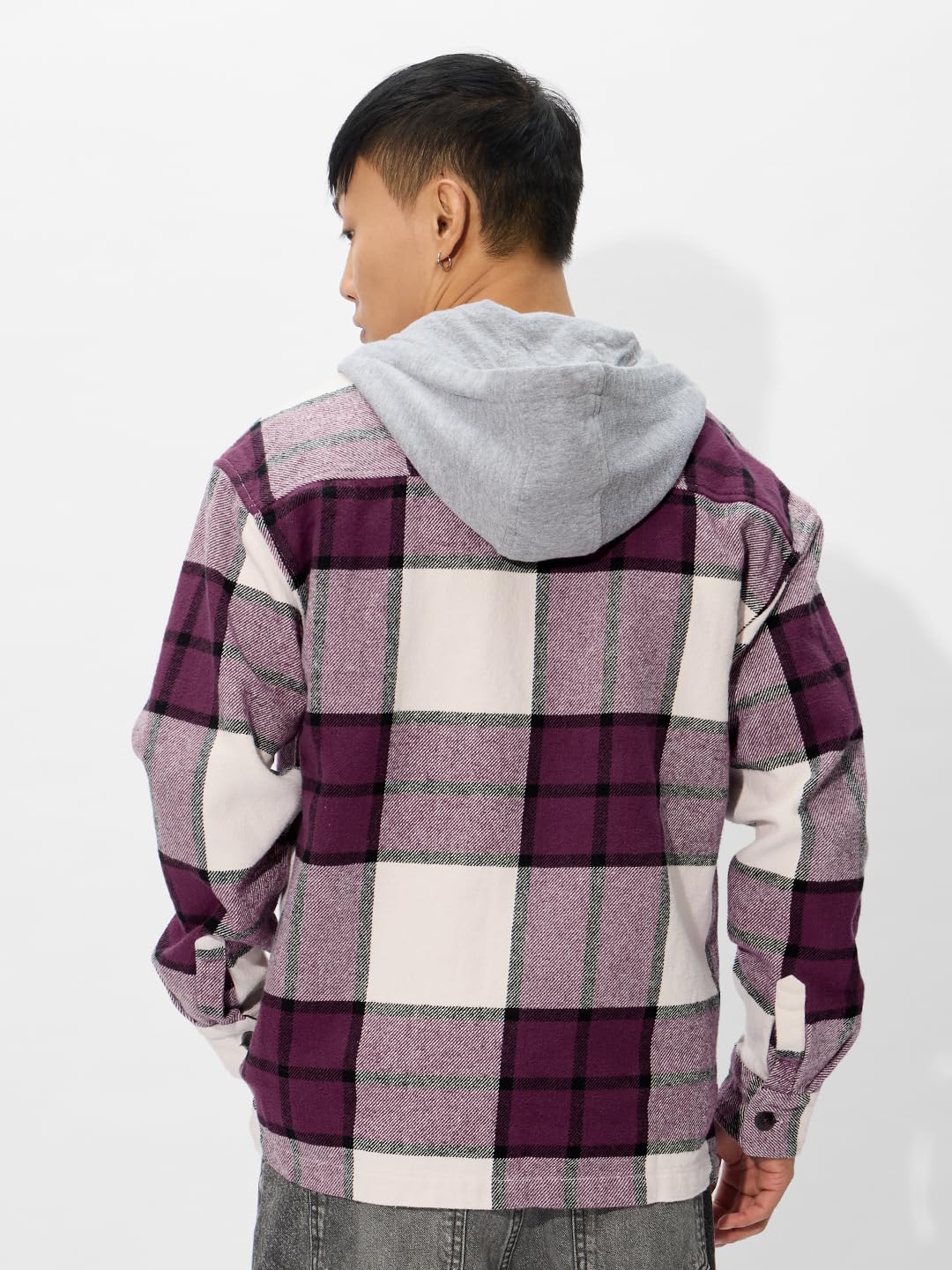 The Souled Store Plaid Hooded Shacket: Mauve Mist Men and Boys Long Sleeves Hooded Neck Button Front Cotton Oversized Shackets