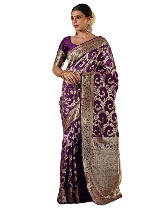 SIRIL Women's Silk Jacquard Banarasi Saree with Unstitched Blouse Piece (4498S753AA_Dark Violet)