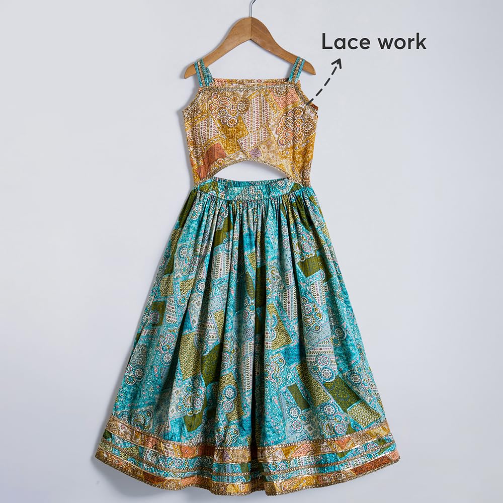 Hopscotch Girls Sleeveless Blue 2-Pc Lace Embellished Cotton Lehenga Choli Set For Ages (9-10 Years)