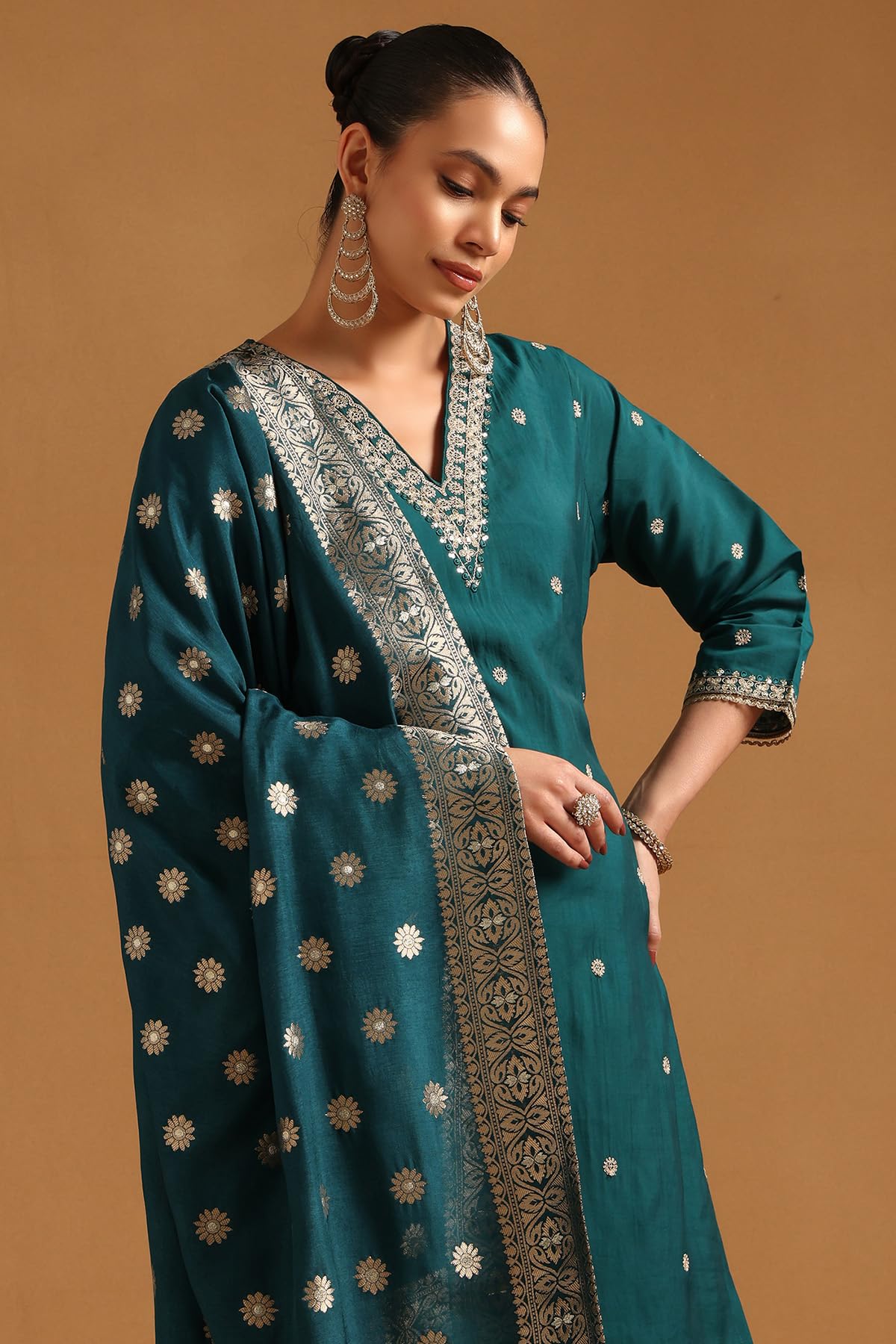 Soch Womens Green Russian Silk Floral Salwar Suit With Sequins