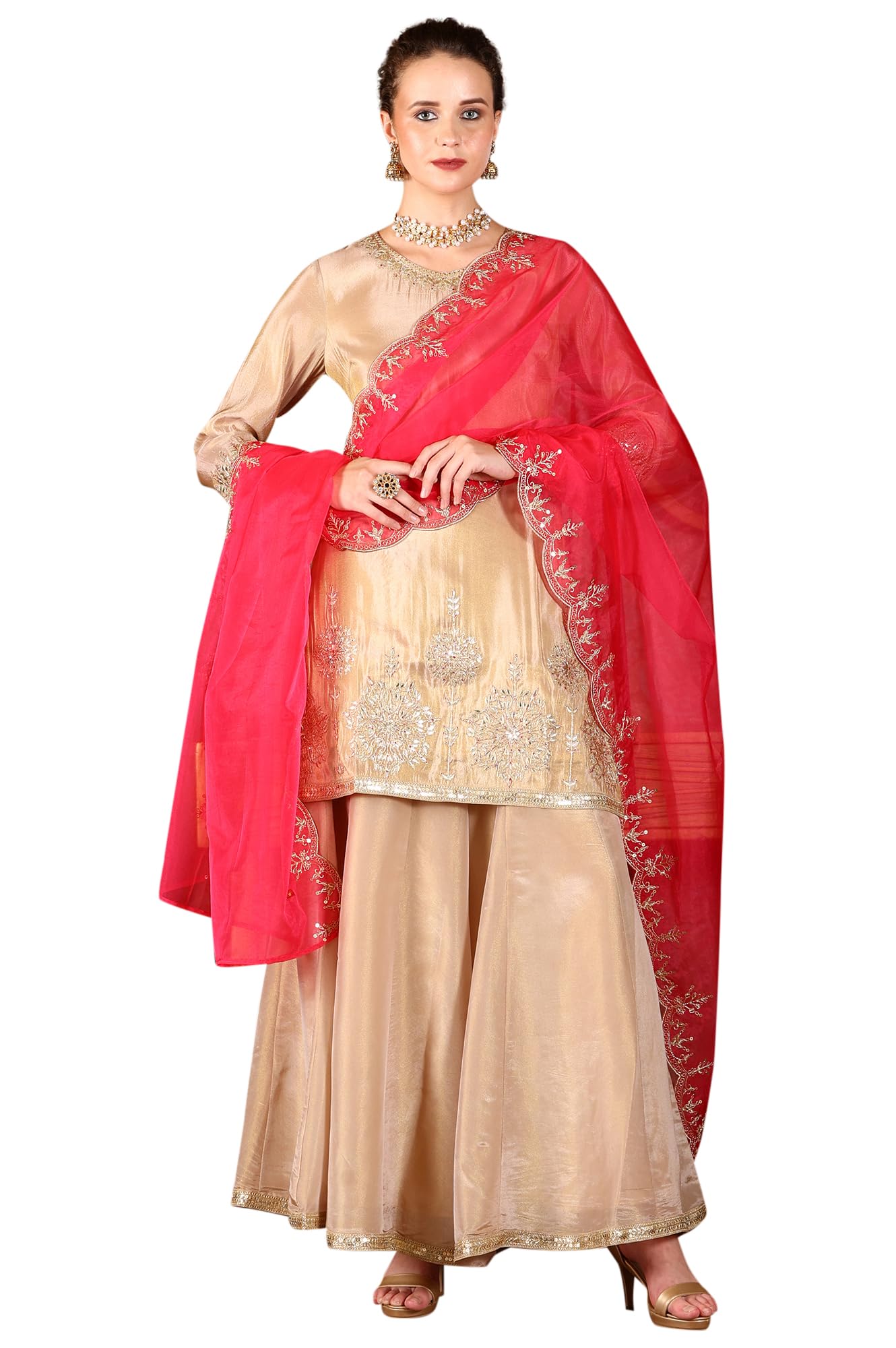 W for Woman Women's Gold Viscose Zari Embroidered Short Kurta Pant with Dupatta Set