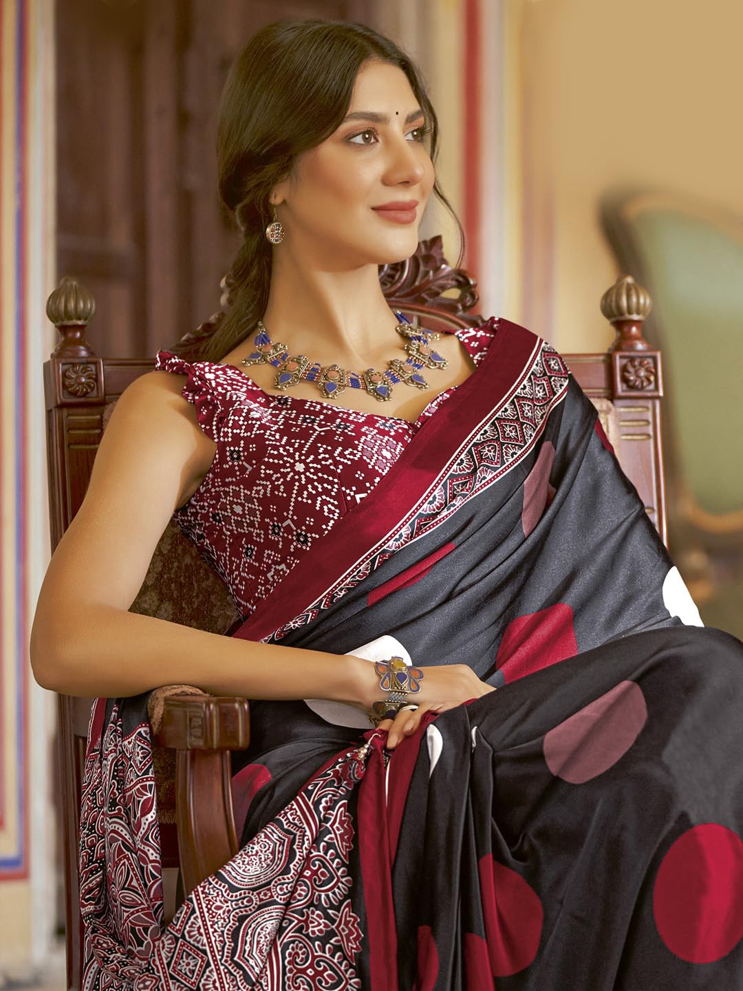 SAREE MALL Women's Ajrkh Print Satin Crepe Polka Dot Printed Saree With Unstitched Blouse Piece(Black_MOHAR101B_HS)