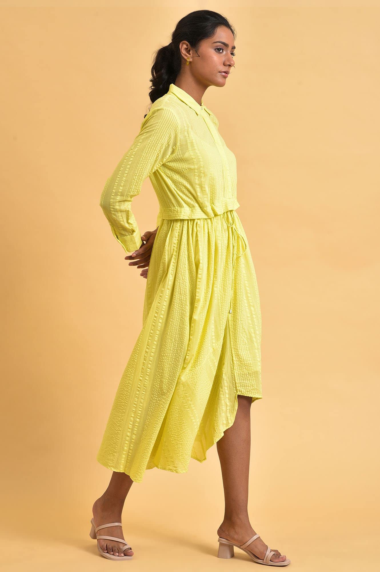 W for Woman Women's Cotton Green Gathered Shirt Collar Dress Calf Length (23FEW18705-312376_Celery 12)