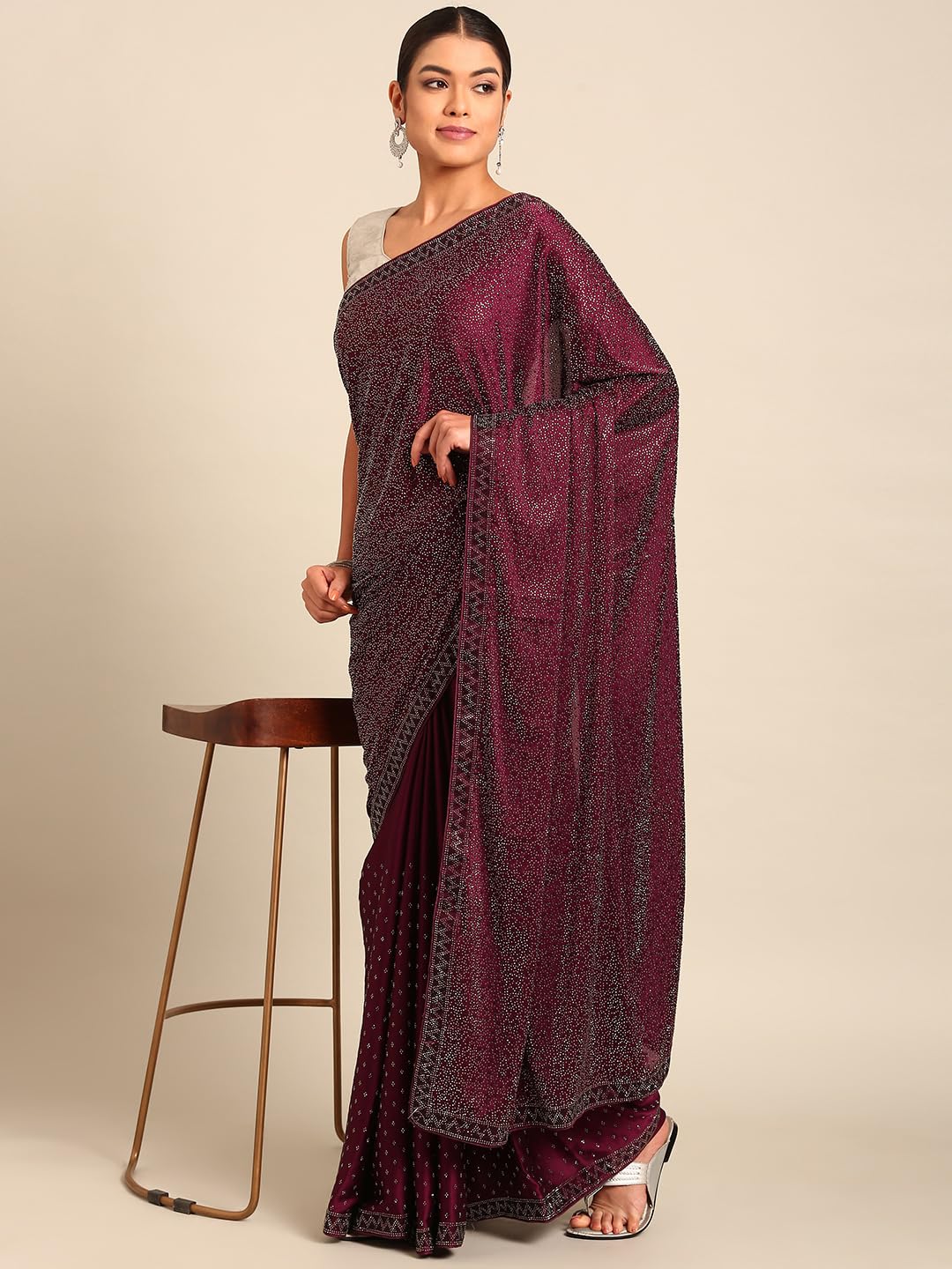 MOHEY Wine Satin Embroidery|Stone Work Saree for Women