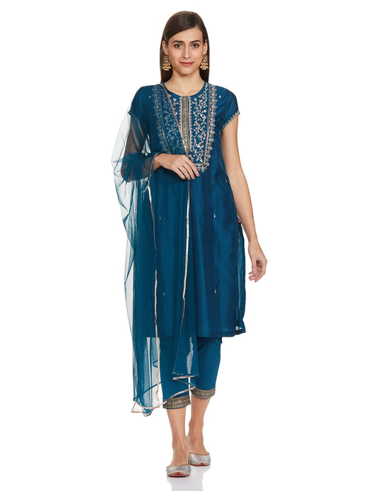 BIBA WOMEN SOLID; EMBROIDRED NARROW SALWAR KURTA DUPATTA(SKDASSORTED7700_TEAL_38)