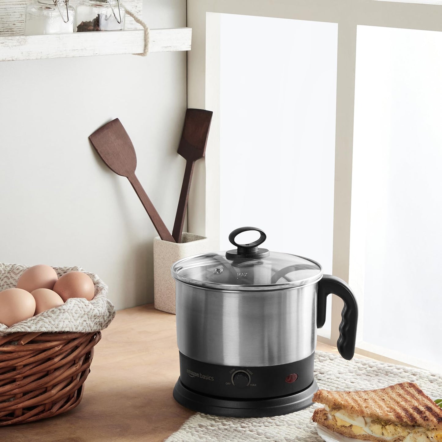 amazon basics Electric Multipurpose Kettle | for boiling Water, Eggs | Making Tea, Coffee| Stainless Steel Body with Automatic Shut-off | 18.3L x 15.7W x 19.1H cm | 1.2 L | 220 Volts | Silver, Black