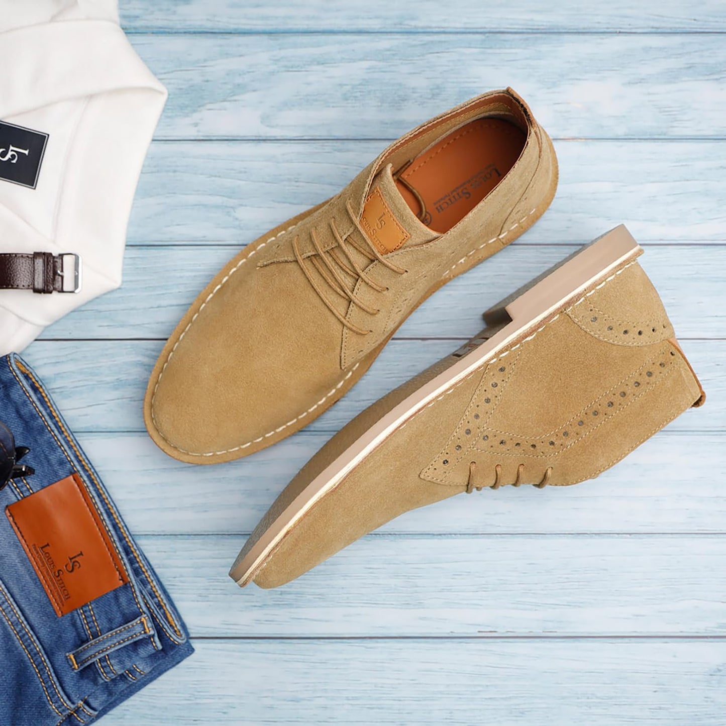 LOUIS STITCH Chukka Boots For Men| Suede Leather Boots for Men| High Ankle Casual Boot | Casual Office & Trekking Shoes | Hiking Boots for Men | Stitch Down Desert Boots |Size-UK07 Cream [LSSDSUCKBGCM]