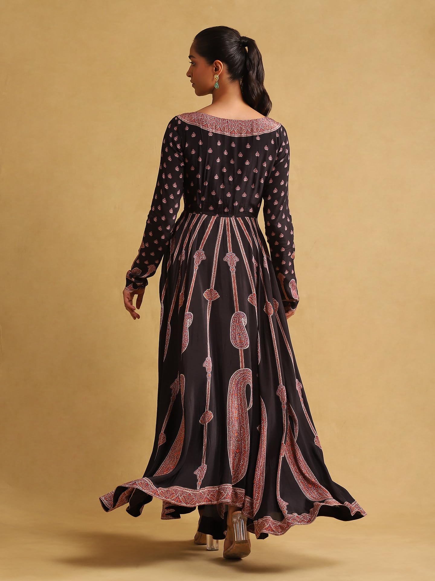 Ritu Kumar Black Printed Crepe Anarkali Kurta with Legging and Dupatta