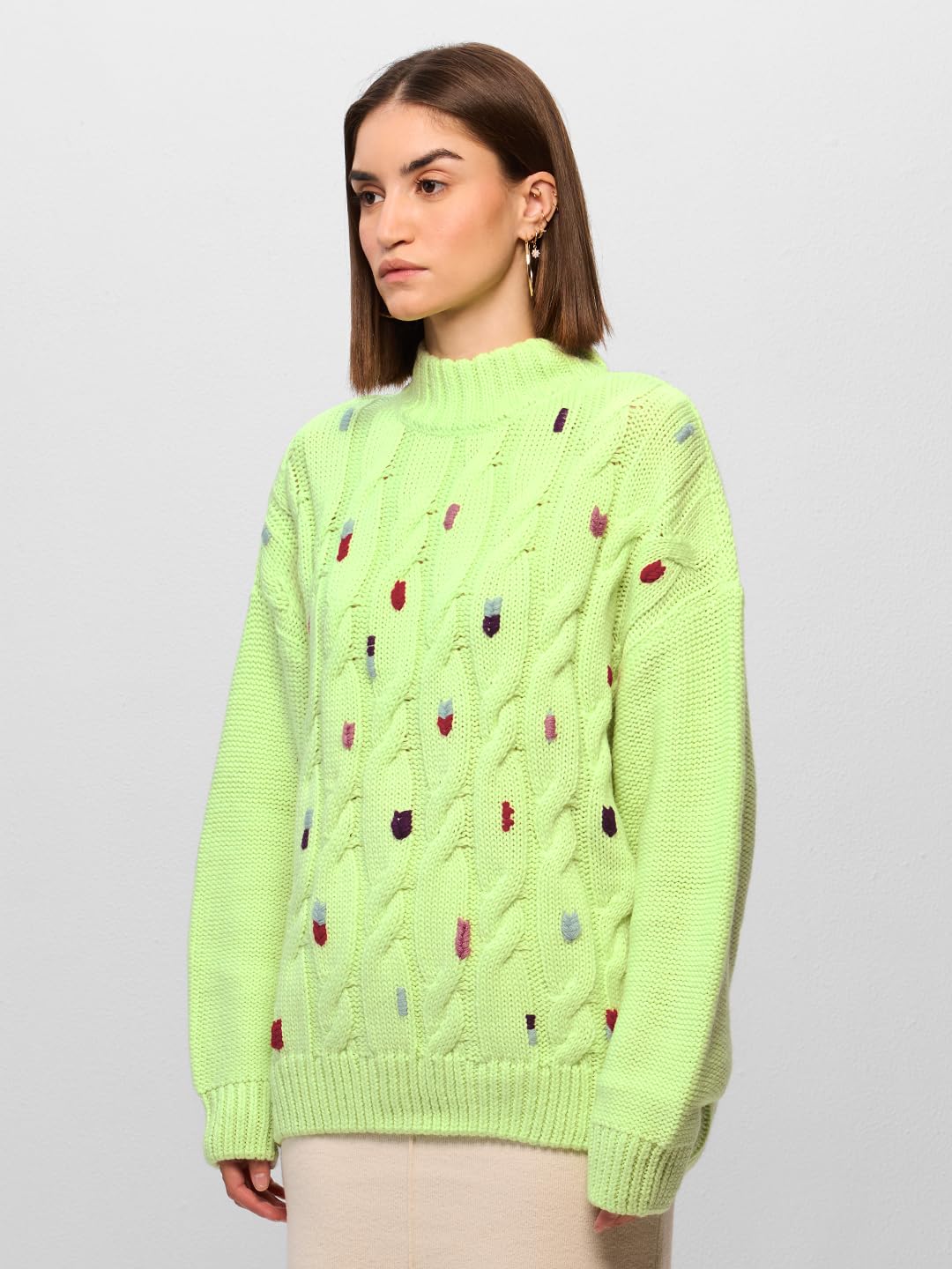 The Souled Store Cable Knit Sweater : Lime Women Oversized Sweater