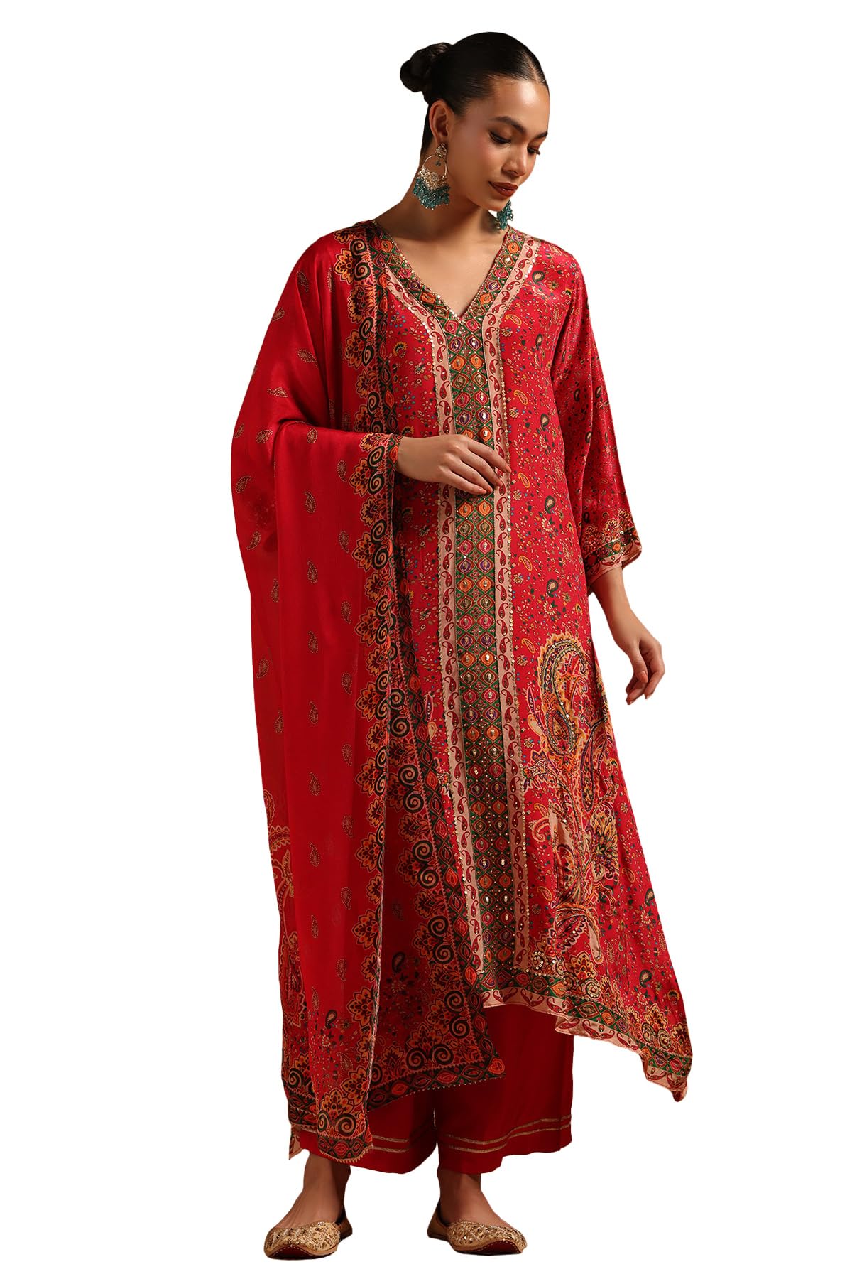Soch Womens Red Crepe Paisley Print Salwar Suit With Beads And Stones