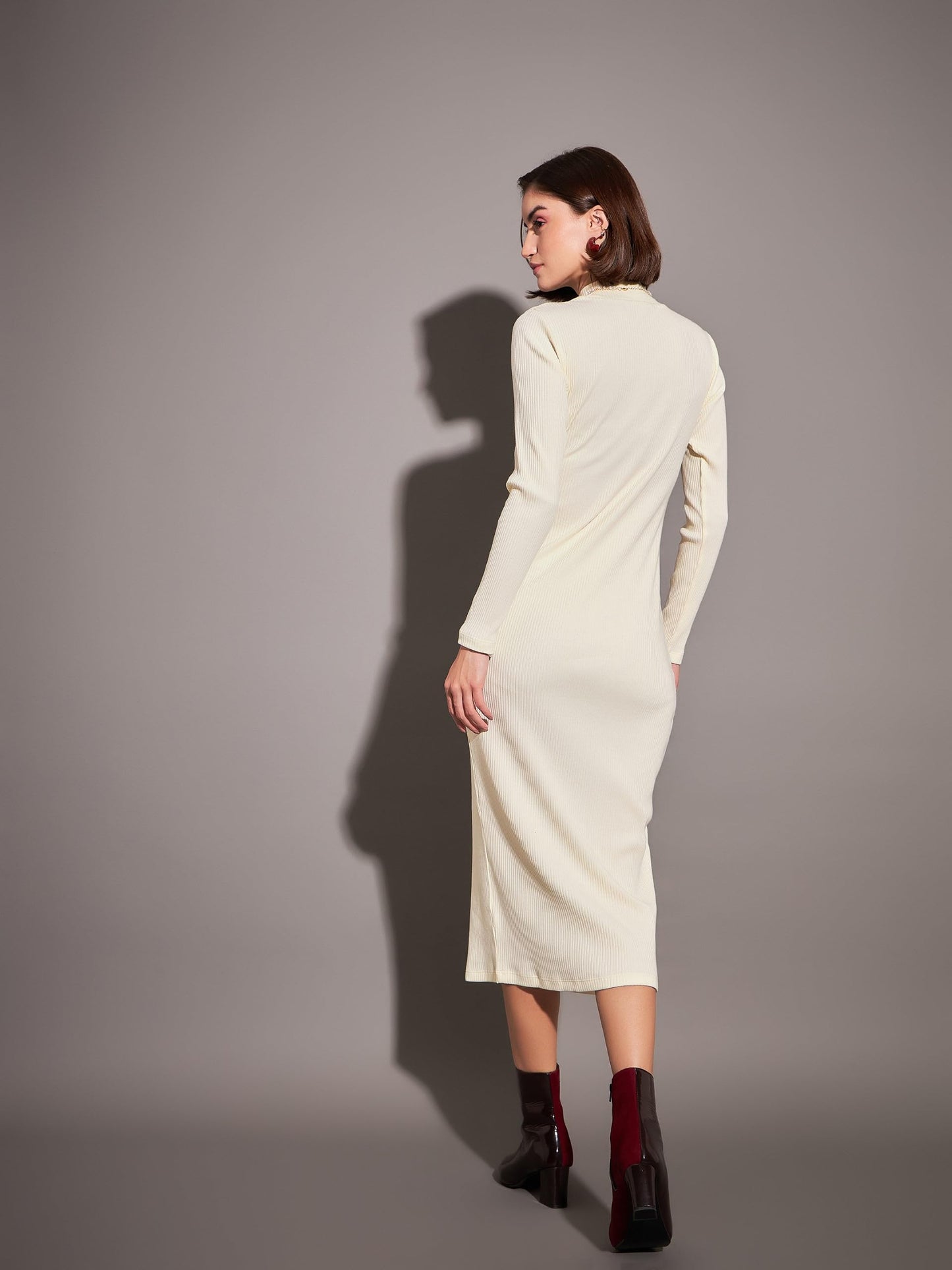 SASSAFRAS Women's Rib Midi Length Bodycon Dress (SFDRSS-V0004_Off-White_2XL)