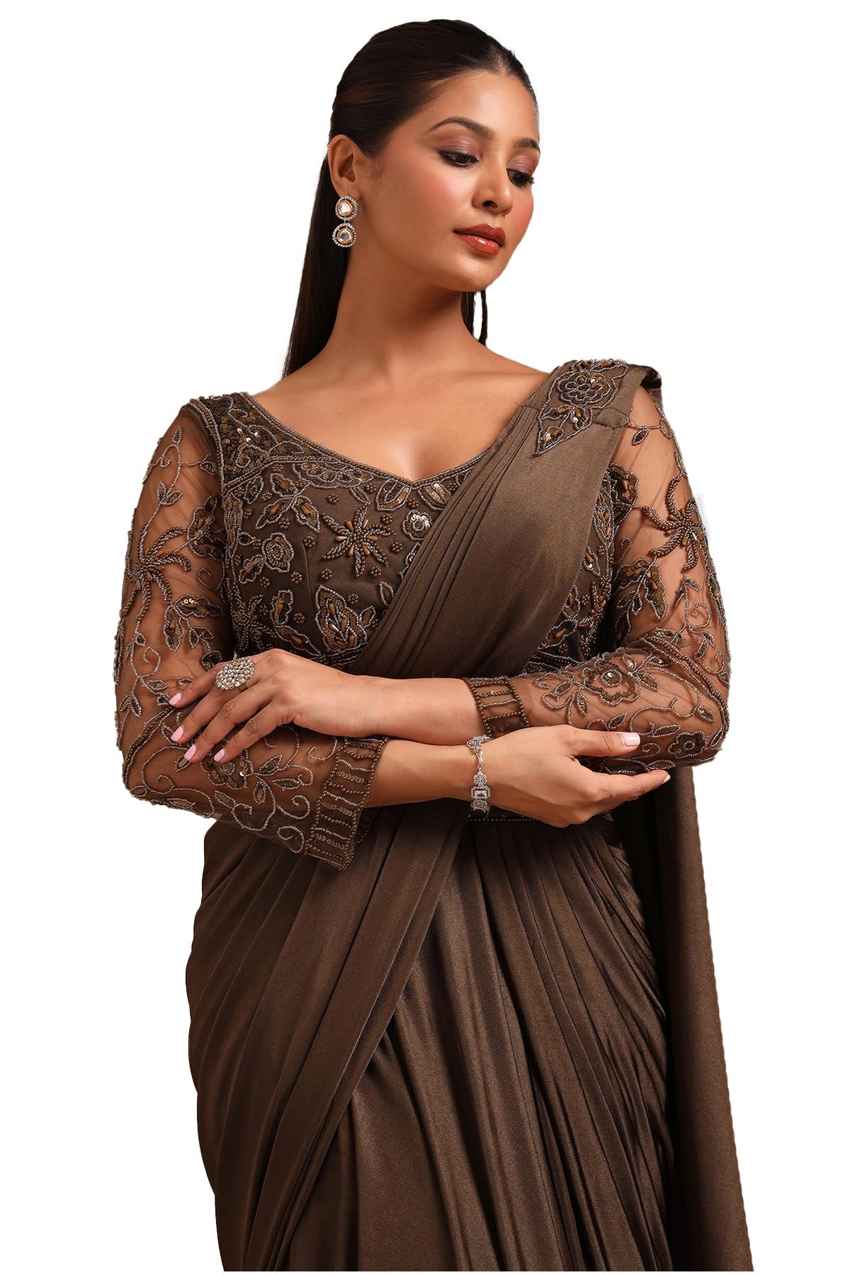 Soch Womens Nylon Blend Solid Ready To Wear Saree With Sequins