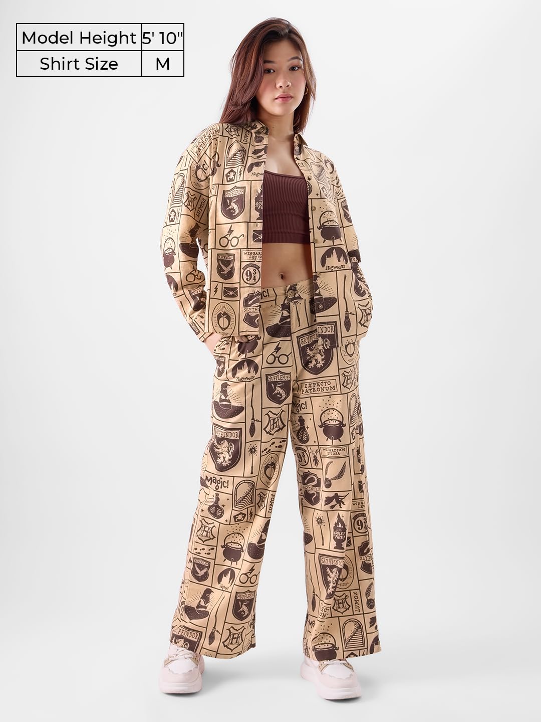 The Souled Store Official Harry Potter: Magical Women and Girls Long Sleeves Collared Neck Button Front Brown All Over Printed Cotton Blend Boyfriend Shirts