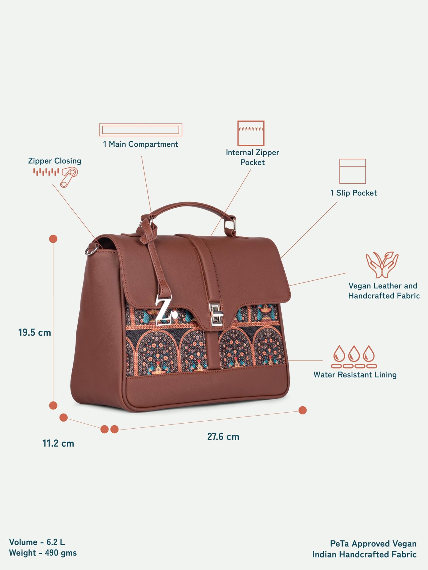 ZOUK | Royal Indian Peacock Motif Women's Vegan Leather Nessa Satchel | Kriti Sanon Collection | Stylish Handbag with Adjustable Strap, Top Handle | Motif