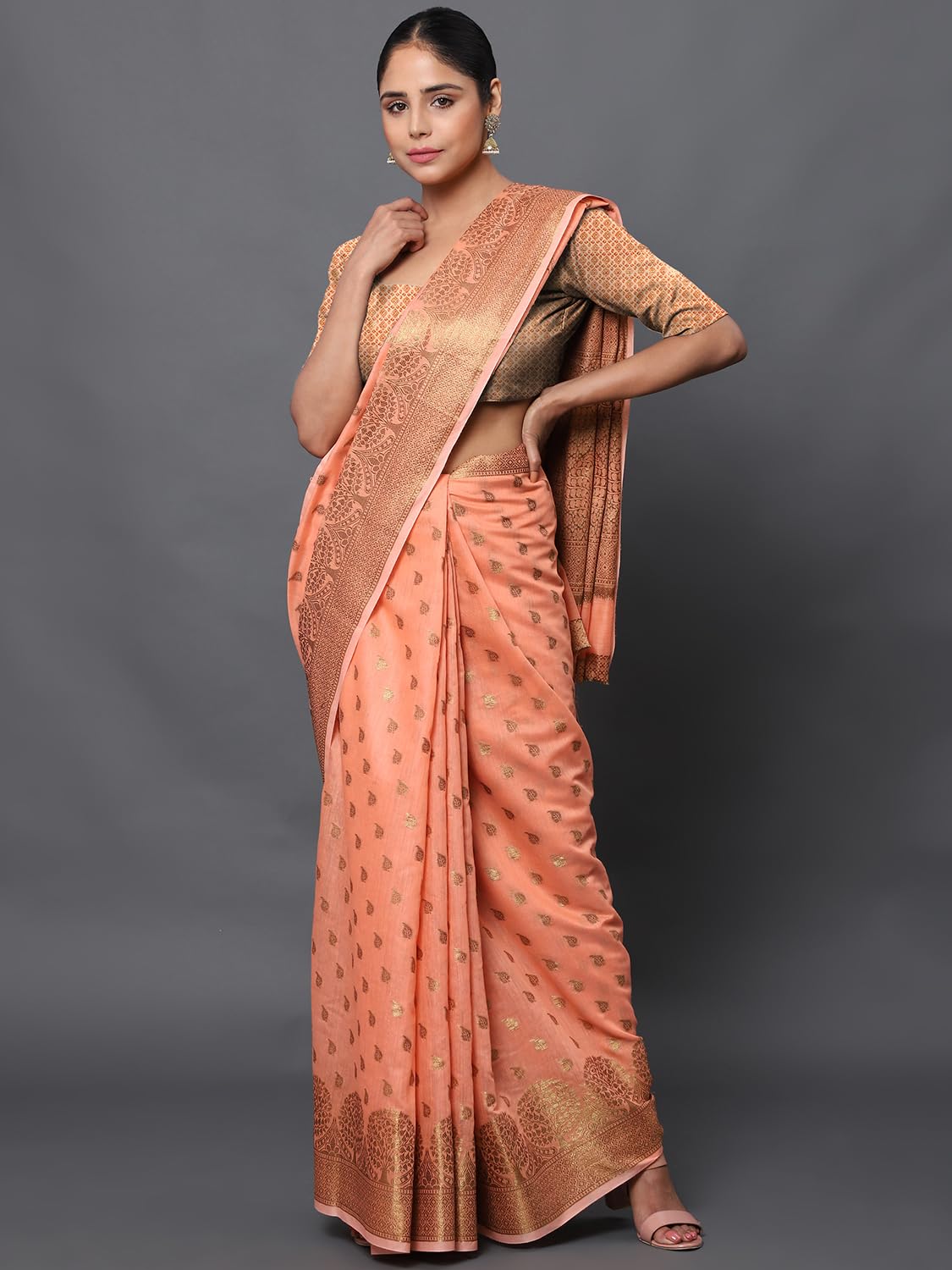 leeza store Women's Peach Cotton Silk Blend Golden Zari Tree Pattern Border Rich Pallu Banarasi Saree With Blouse Piece