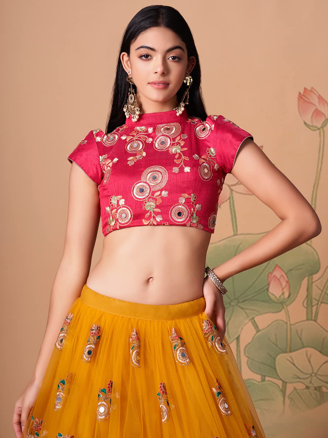 Zeel Clothing Women's Net Embroidered Semi-Stitched Bridal New Lehenga Choli with Dupatta (7324-Yellow-Wedding-Bridal-Latest; Free Size) (Yellow)