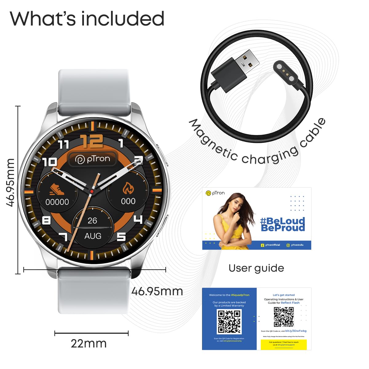 pTron Newly Launched Reflect Flash 1.32 inch Round Dial Smartwatch, Bluetooth Calling, Full Touch Display, 600 NITS, Metal Frame, 100+ Watch Faces, HR, SpO2, Voice Assist & 5 Days Battery Life(Silver)