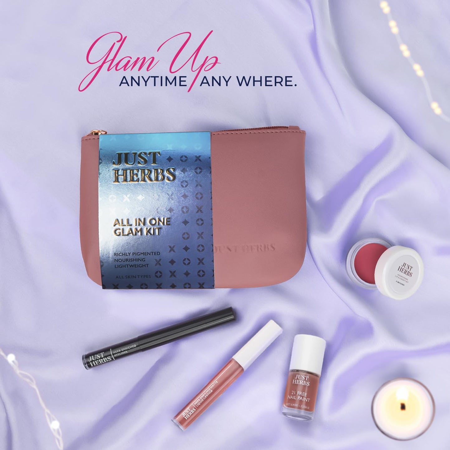 Just Herbs All in 1 Glam Kit Travel Frindly Gifting Pouch for Women (Lip & Cheeck Tint, Liquid Lipstick, Nail Paint, Eyeliner)