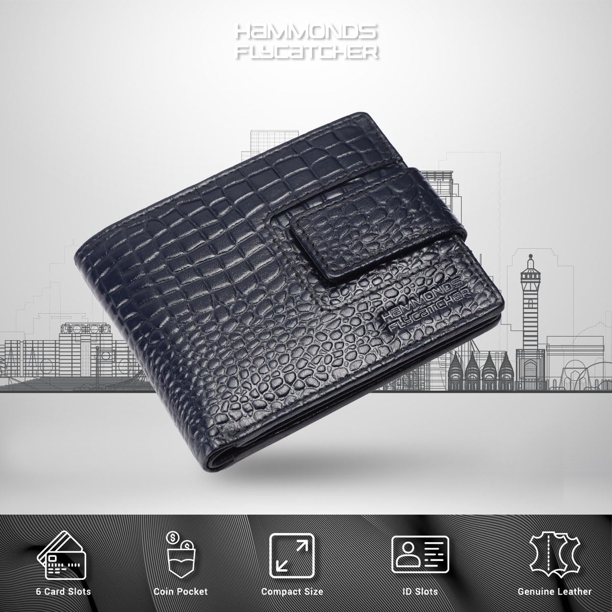 HAMMONDS FLYCATCHER RFID Wallet for Men Leather Original, Mens Wallet, Leather Wallets for Men Stylish, Bi-Fold Wallets for Man, 6 Card Slots, 1 ID Slot, Coin Pocket, Gift for Mens - Croc Blue