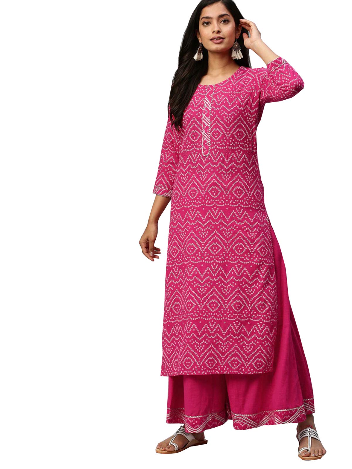 ishin Women's Pure Cotton Printed A-Line Kurta suit set With Palazzo Kurplpramff-846_S_Pink