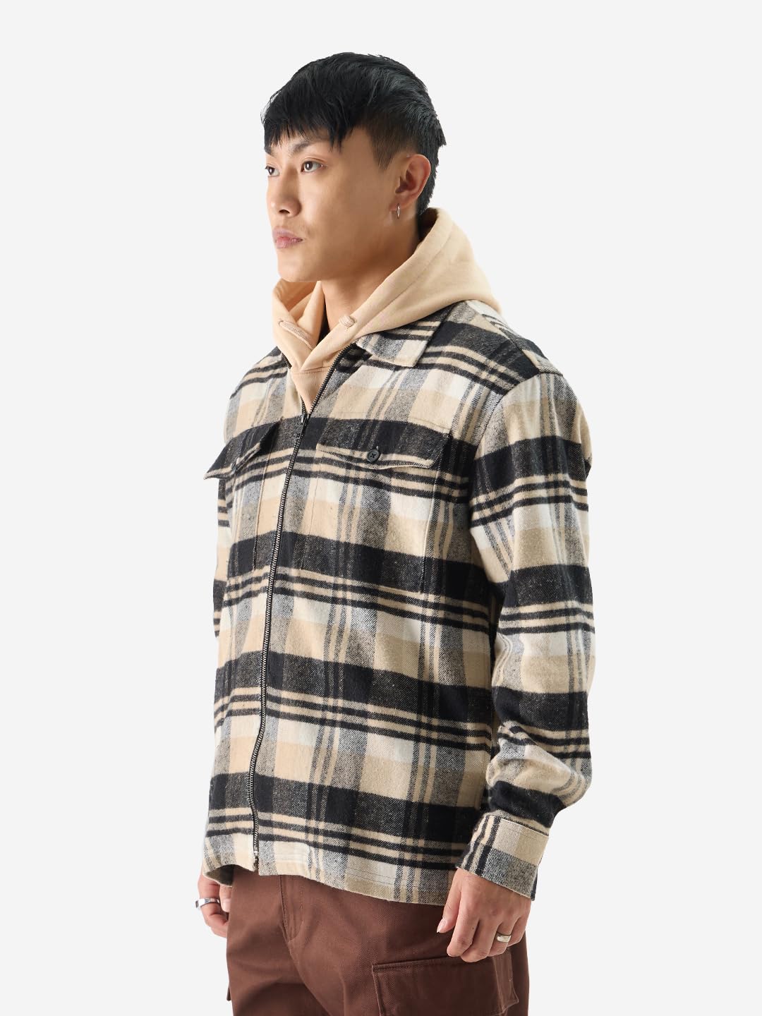 The Souled Store Plaid: Brown and Black Men and Boys Long Sleeve Zipper Front Oversized Fit Cotton Flannel Shackets Men's Shackets Shirt Winter Plaid Thick Jackets Shackets for Men Outerwear