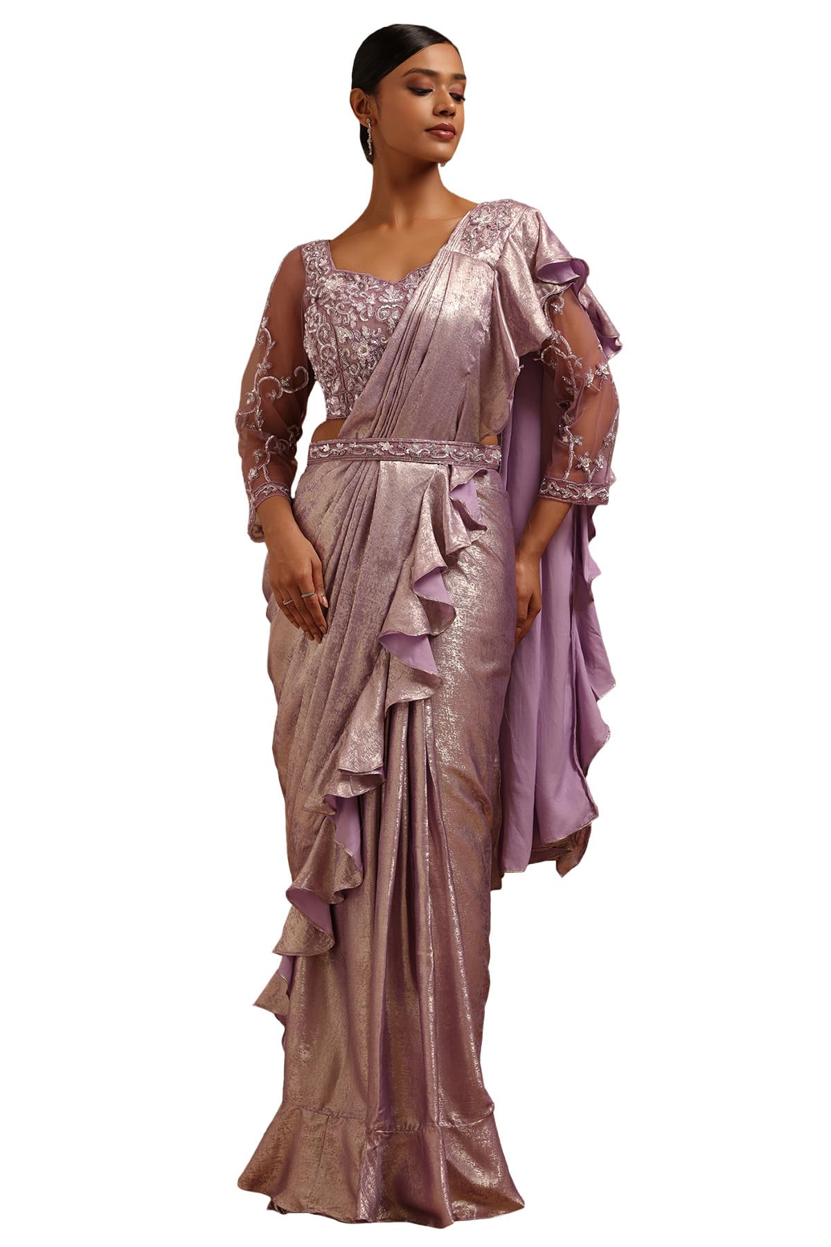 Soch Womens Lavender Fendy Tissue Solid Ready to Wear Saree