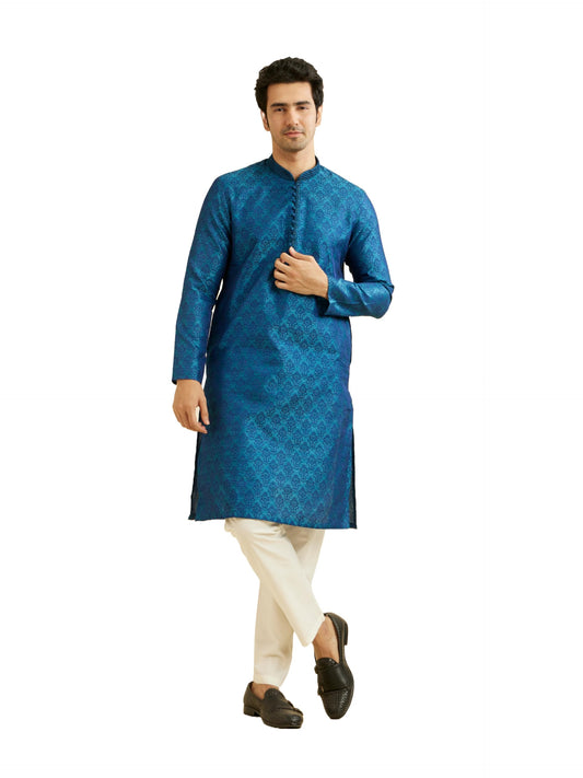 Manyavar Elegant Embroidered Knee Long Full Sleeves Kurta Pyjama Set for Men - (Blue, Large)