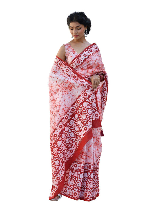 Aaheli Women's Cotton Pranavi Floral Batik Saree | Red | Free Size | SAR-065 Red