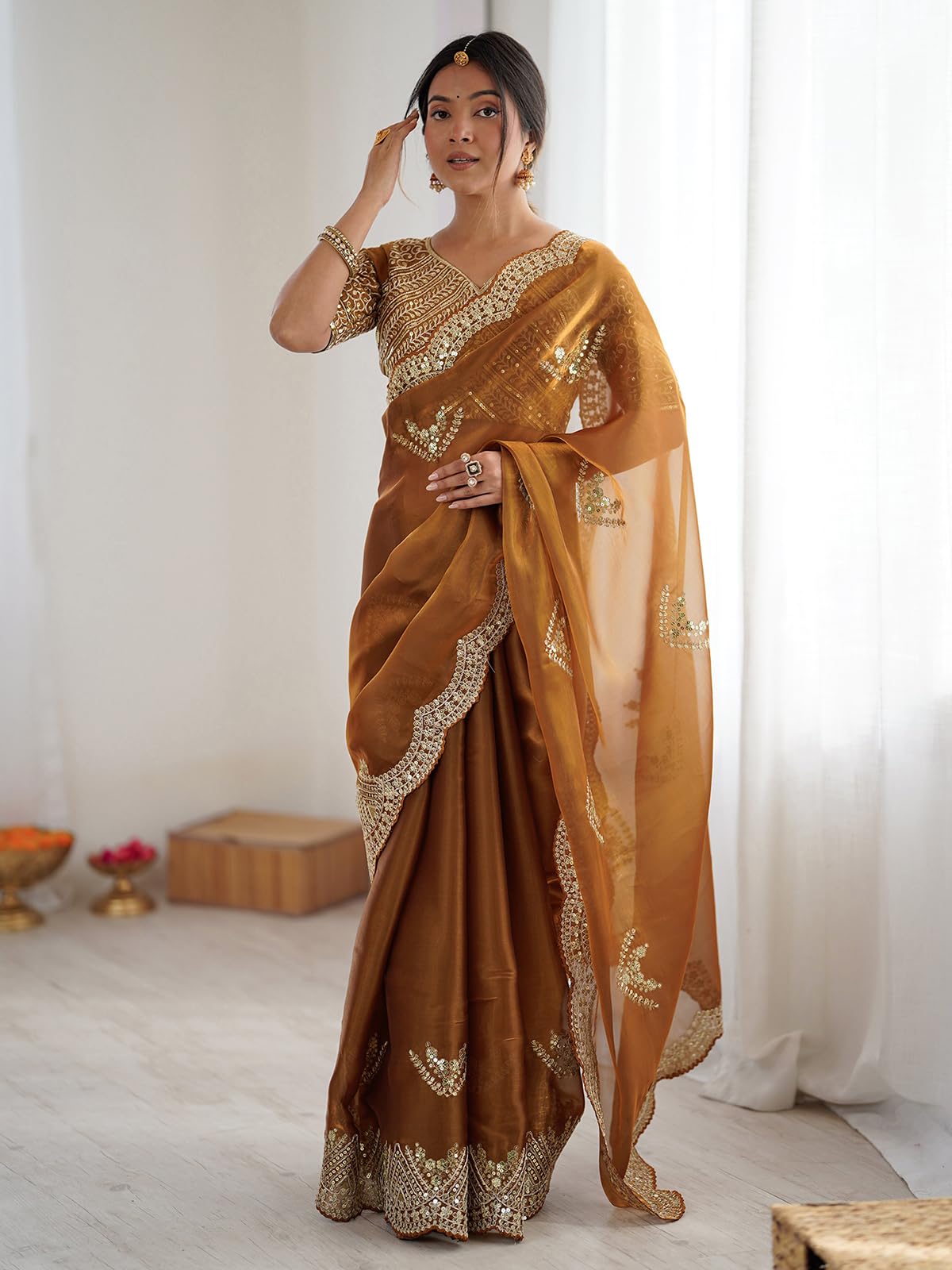 Satrani Women's Tissue Silk Scalloped Border Sequins Embroidery Saree with Unstitched Blouse Piece (4218S6642N_Copper5)