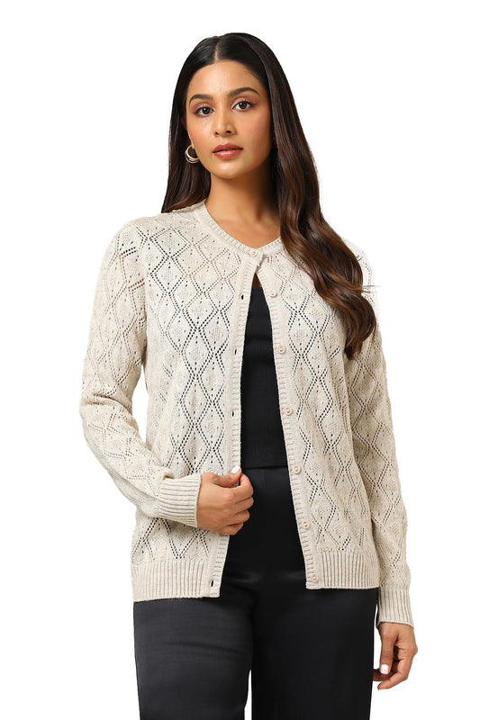 Soch Women's Acrylic Round Neck Cardigan (WW-CWA4OW72022_Off White