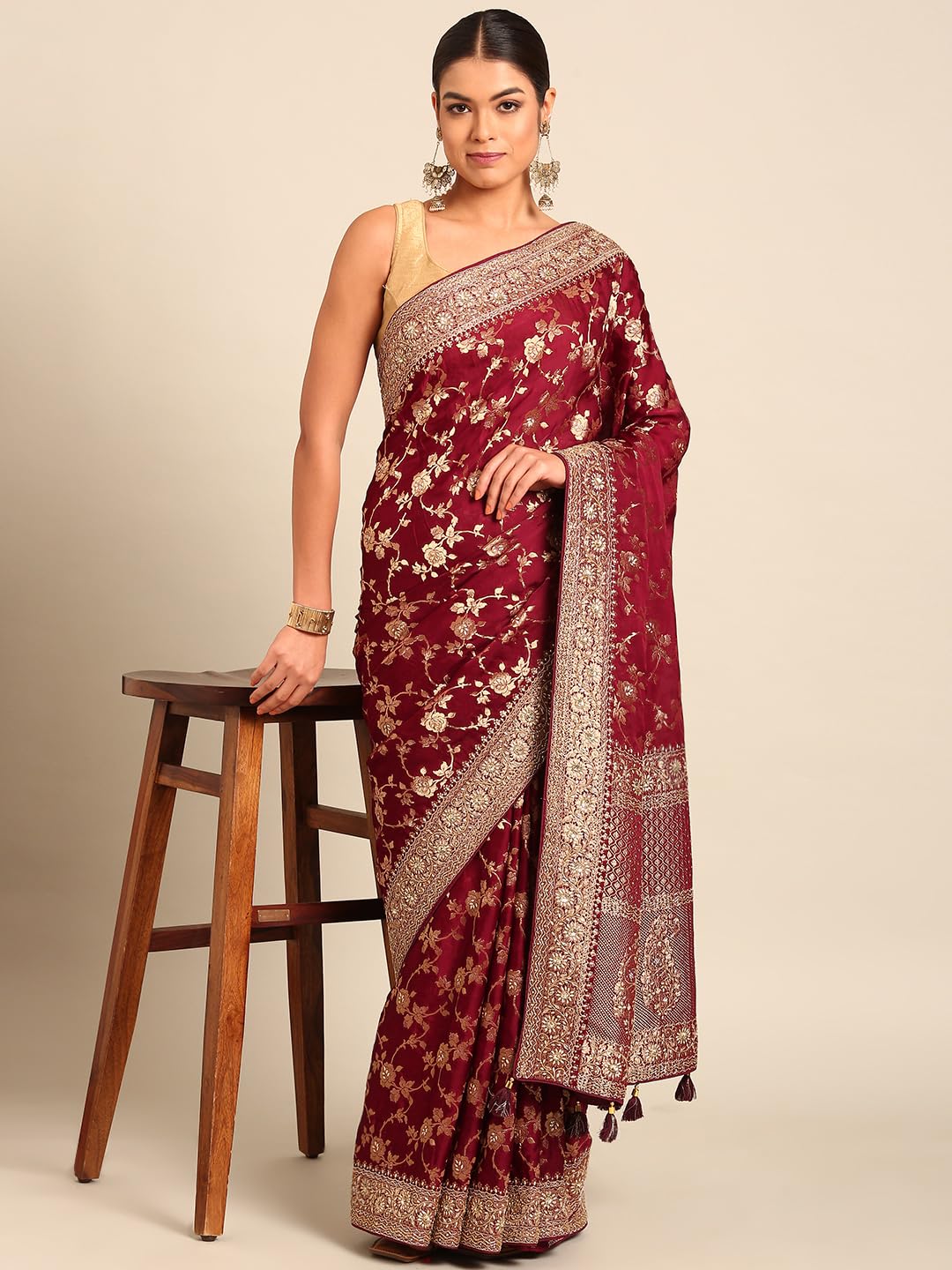 MOHEY Wine Satin Zari Weave |Stone Work Saree for Women