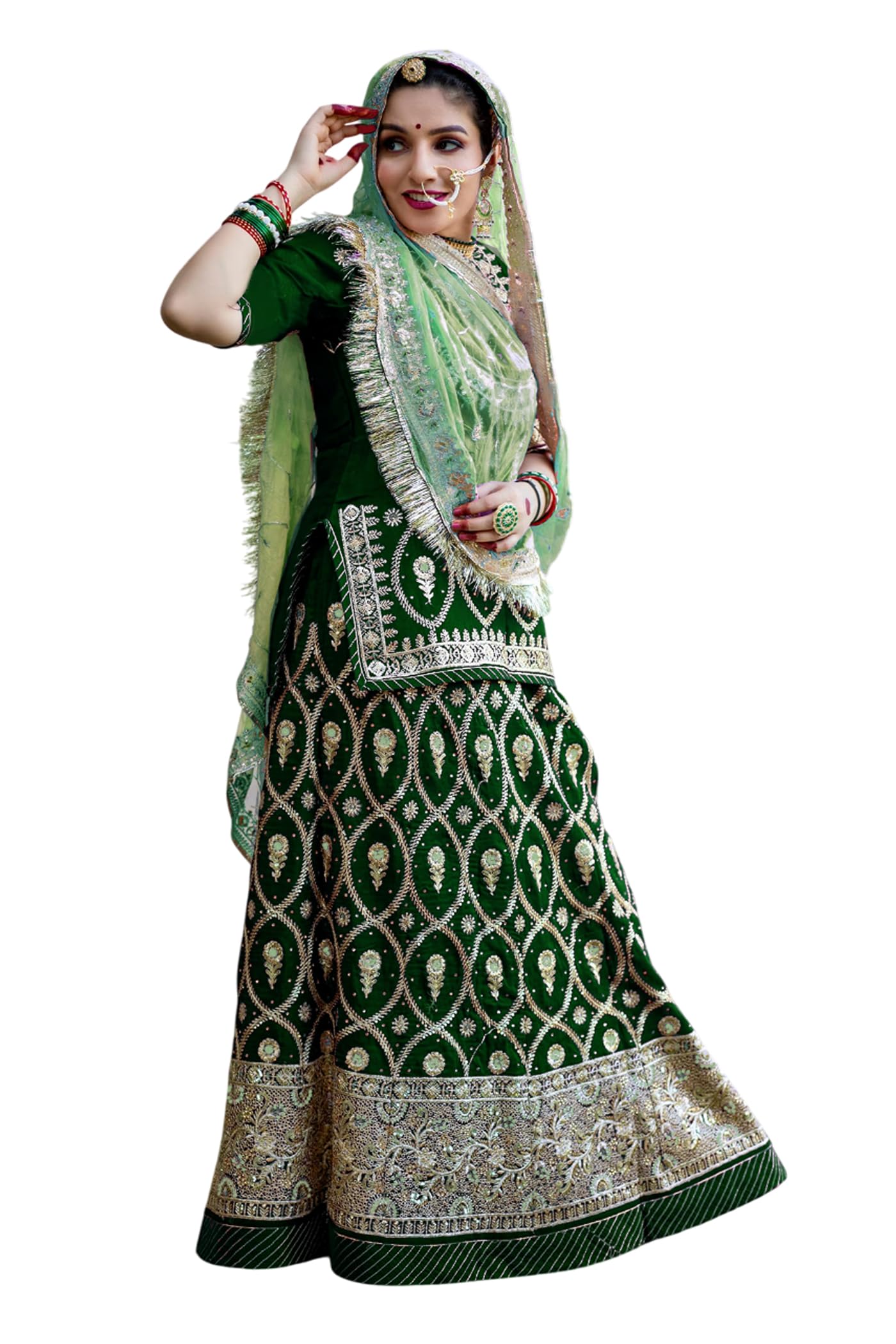 SHYAMLATA Latest Heavy Embroidery Work Semi Stitched Shimmer Silk Rajputi Poshak For Women Rajasthani Lehenga Choli (Green E)