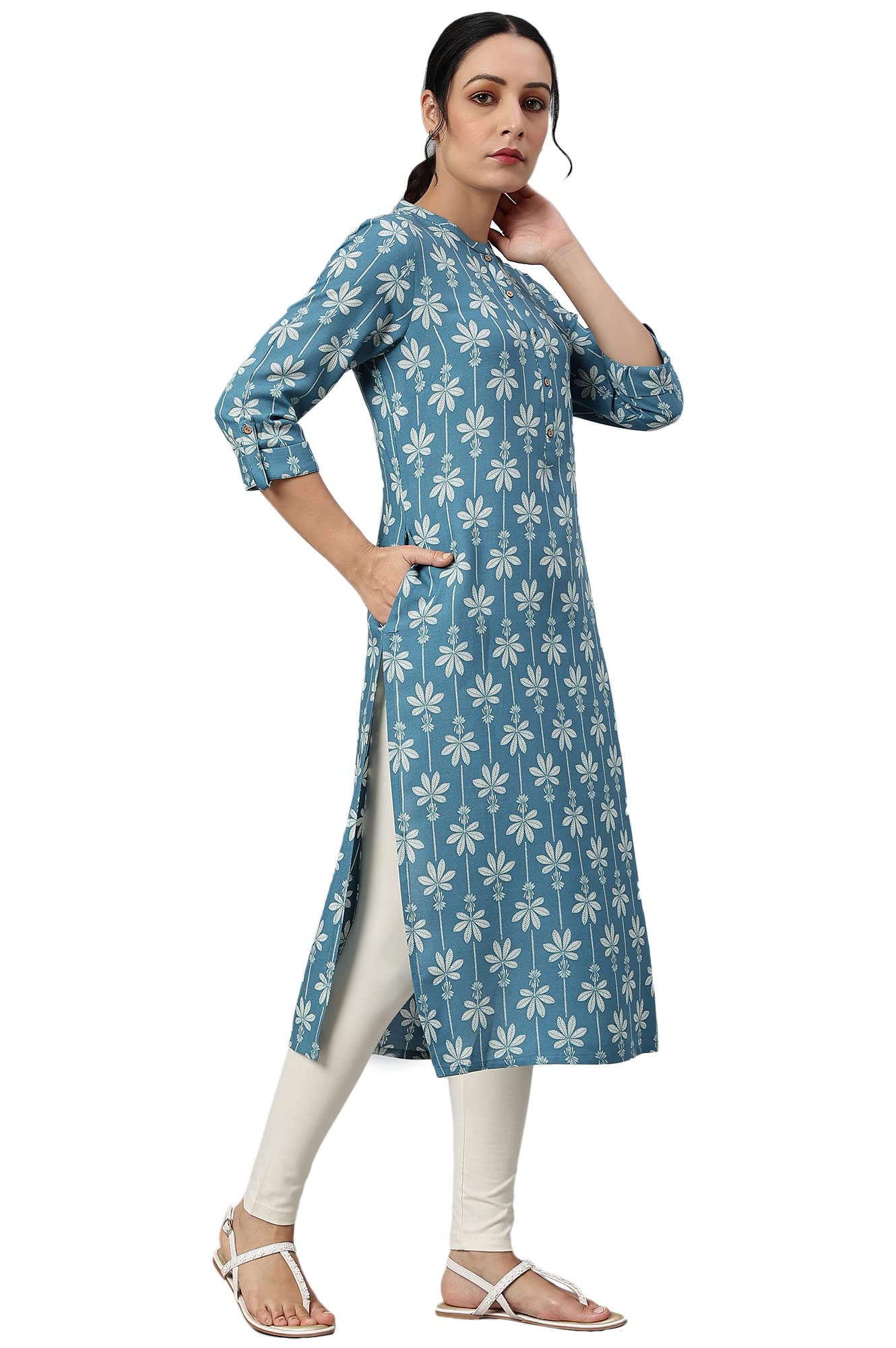 W for Woman Blue Rayon Button Down Kurta