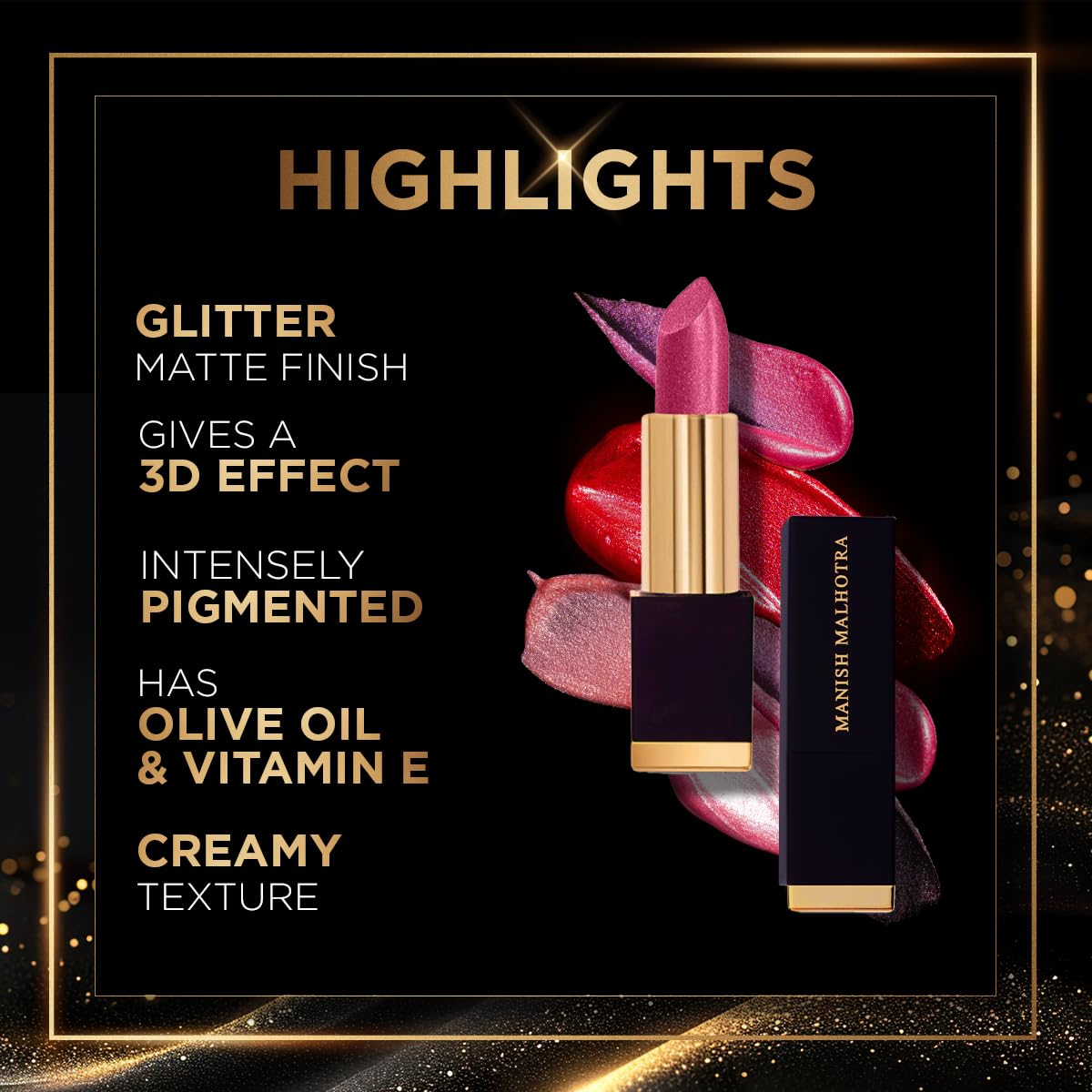 MyGlamm Manish Malhotra Starlight Glitter Lipstick - Enchantress (Plum Shade) | Non Drying, Creamy Pigmented Bullet Lipstick With Vitamin E (4.2g)