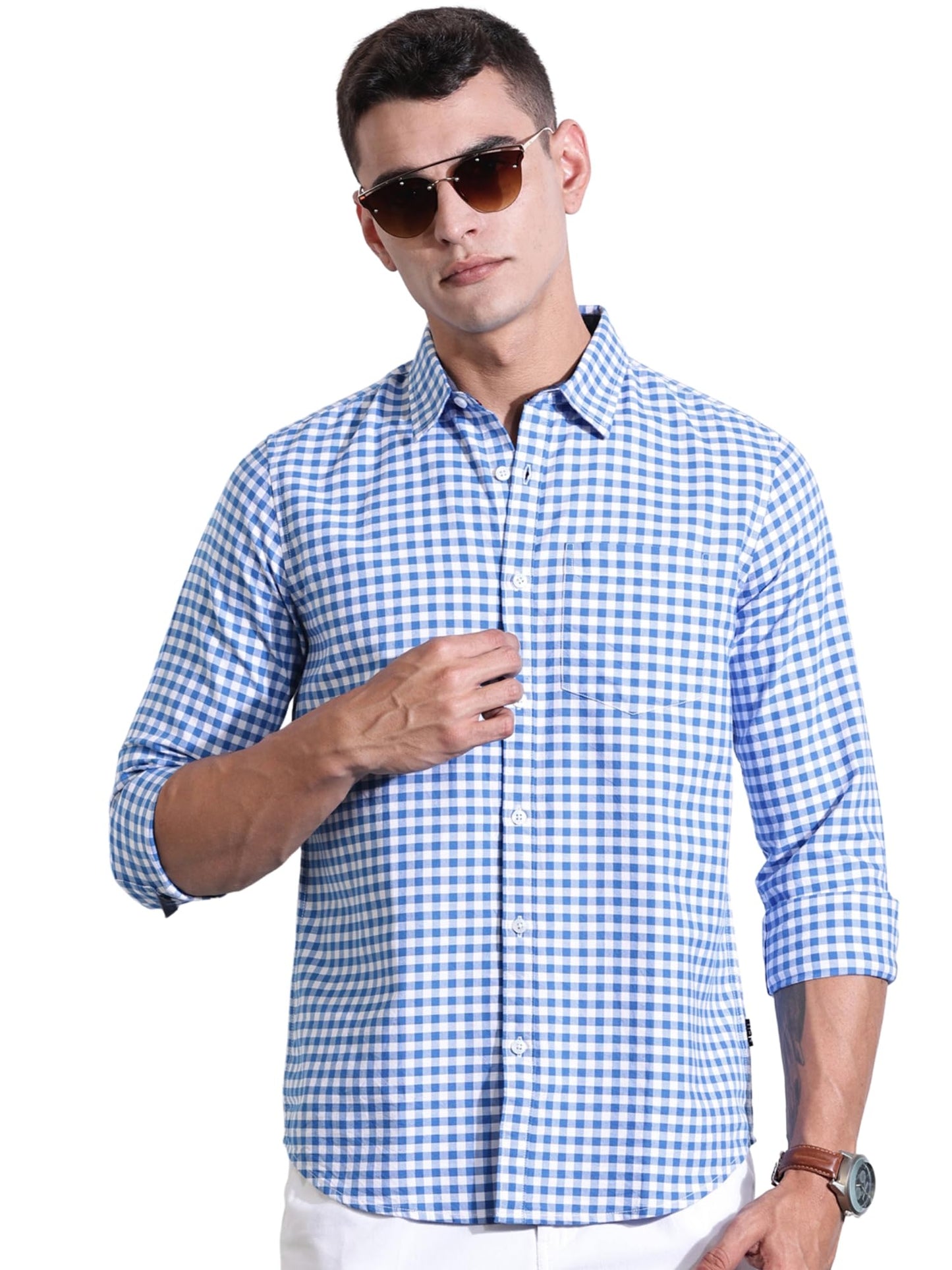 Thomas Scott Men | Long Sleeves | Gingham Checks | 100% Cotton | Spread Collar | Casual Shirt | (Available in Plus Size)(TS1481_Blue_XL)